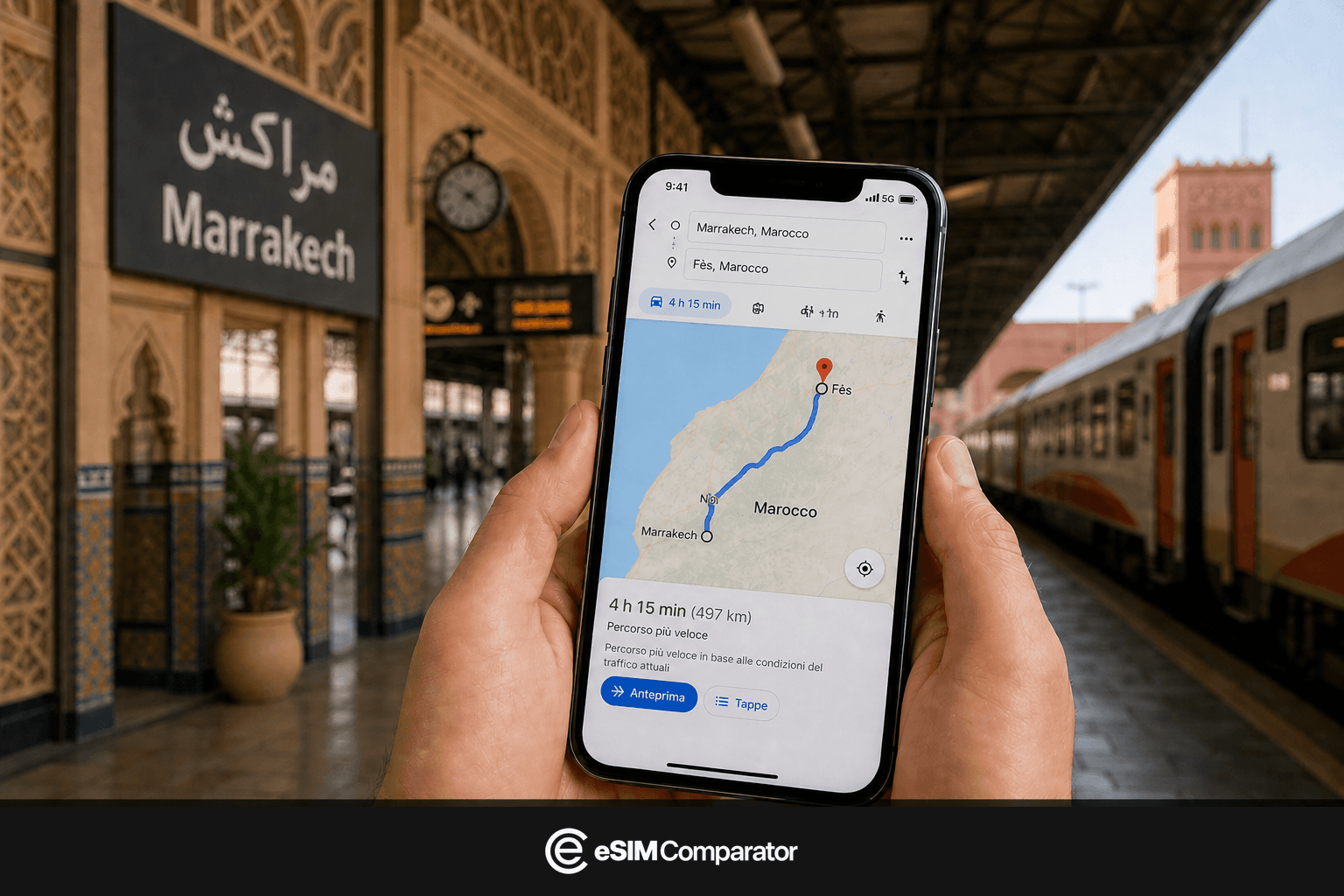 Smartphone e tetti di Marrakech, barra eSIM Comparator
