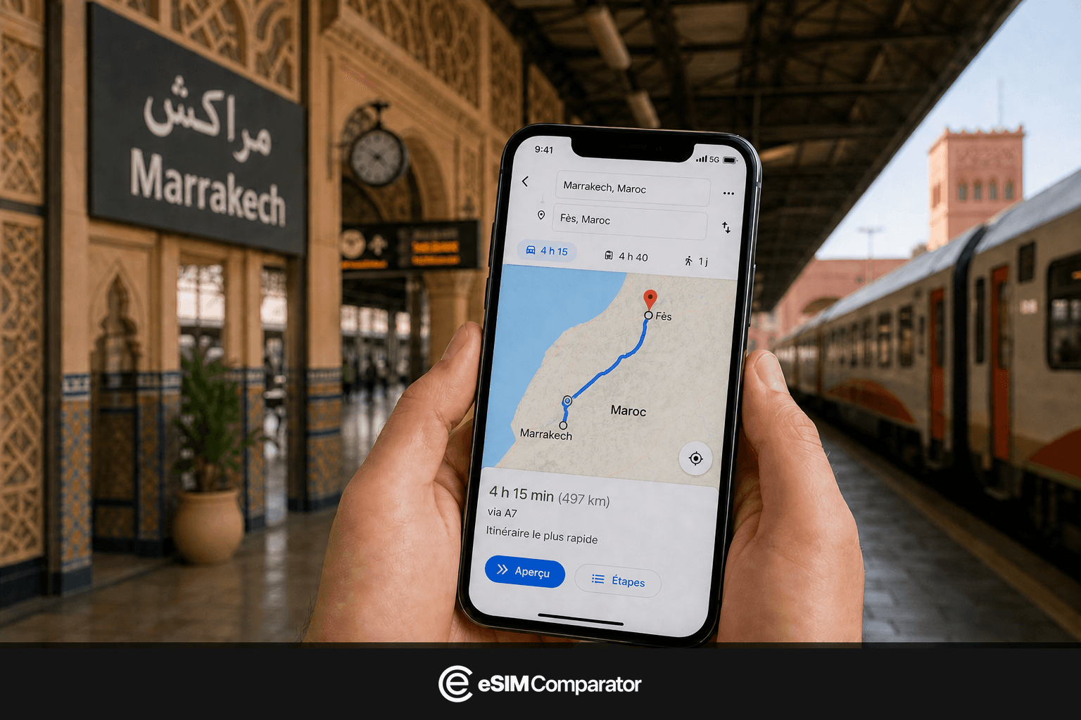 Smartphone et vue sur les toits de Marrakech, barre logo eSIM Comparator