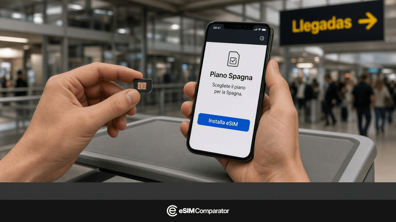 Scheda SIM di plastica e smartphone con Installa eSIM nell’atrio Llegadas di Madrid, barra eSIM Comparator