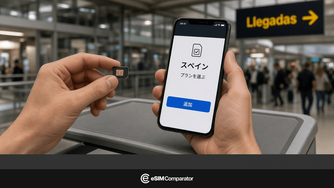 マドリード到着ホールのプラスチックSIMとeSIMスマートフォン、eSIM Comparatorのバー