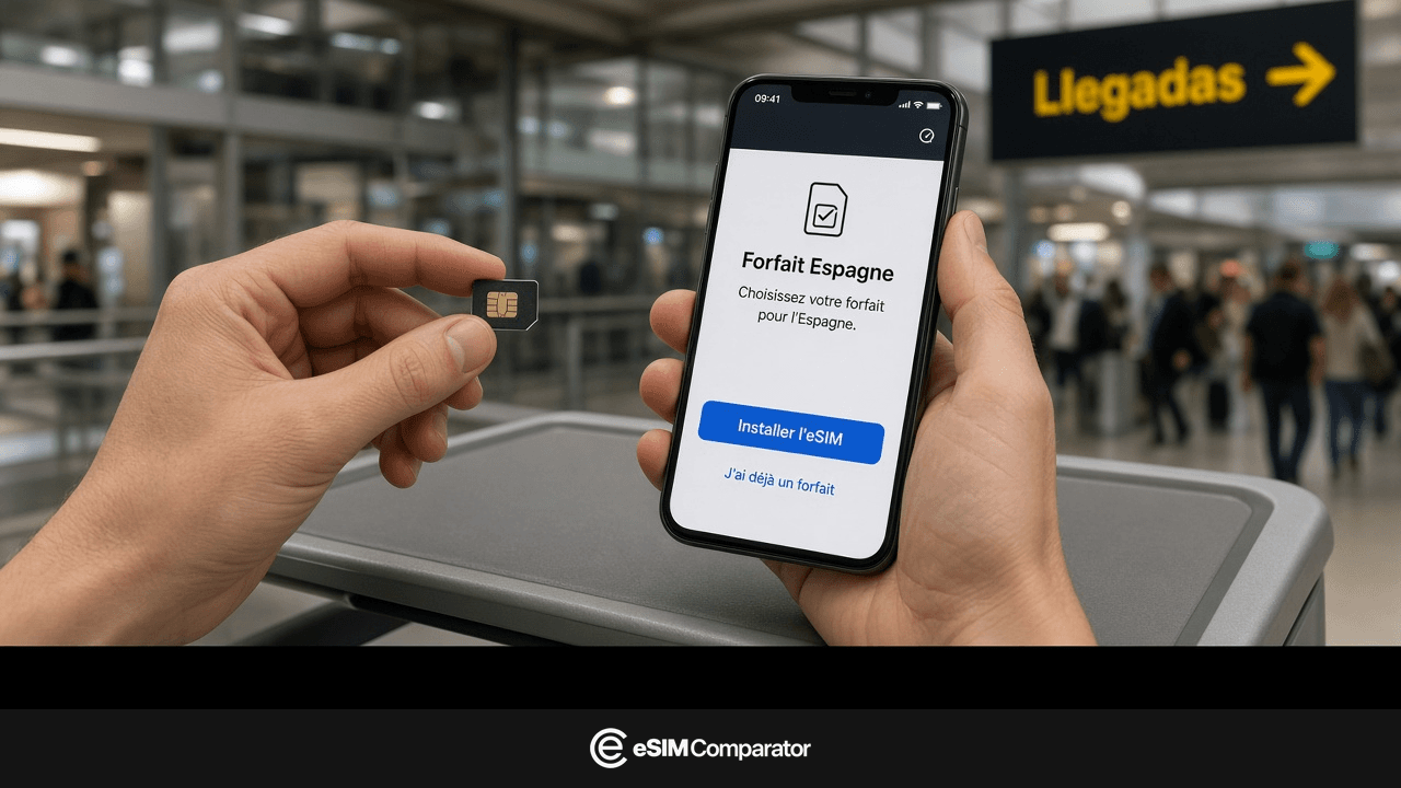 Carte SIM plastique et smartphone affichant Installer l’eSIM dans le hall Llegadas de Madrid, barre eSIM Comparator