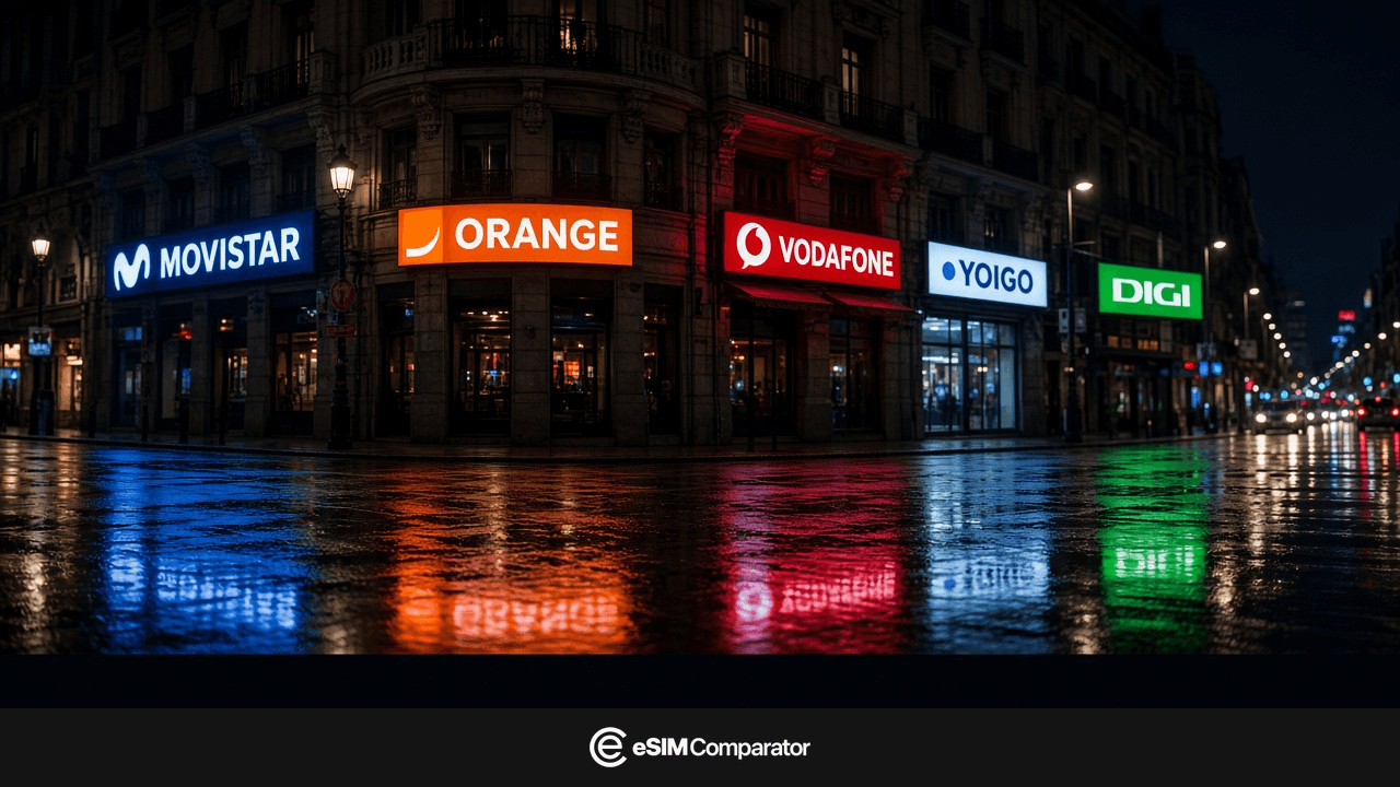 Enseignes Movistar, Orange, Vodafone, Yoigo et Digi sur la Gran Vía à Madrid la nuit, barre eSIM Comparator