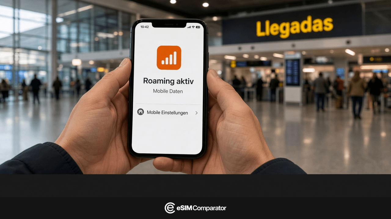 Roaming-Hinweis auf einem Smartphone in der Halle Llegadas in Madrid, Leiste eSIM Comparator