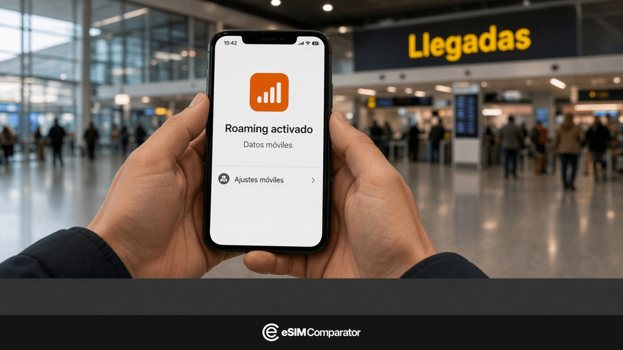 Aviso de roaming en un smartphone en el hall Llegadas de Madrid, barra logo eSIM Comparator