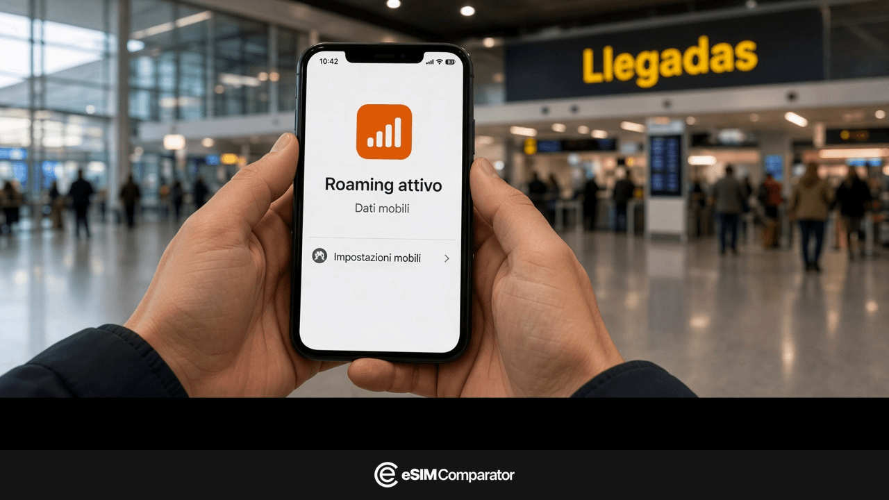 Avviso di roaming su uno smartphone nell’atrio Llegadas a Madrid, barra logo eSIM Comparator