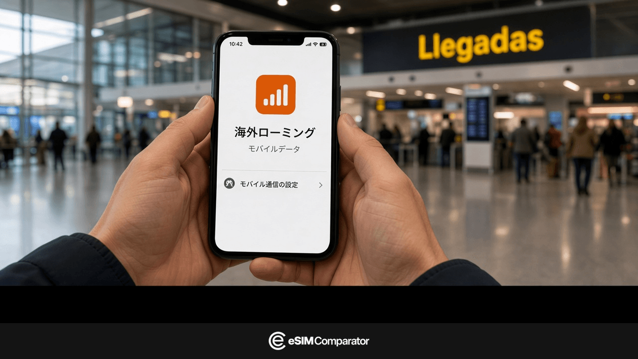 マドリード到着で日本回線の海外ローミング警告が出たスマートフォン、eSIM Comparatorのバー