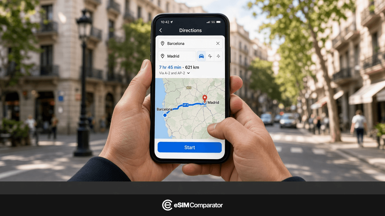 Two hands hold a phone open on a Barcelona–Madrid route, eSIM Comparator logo bar