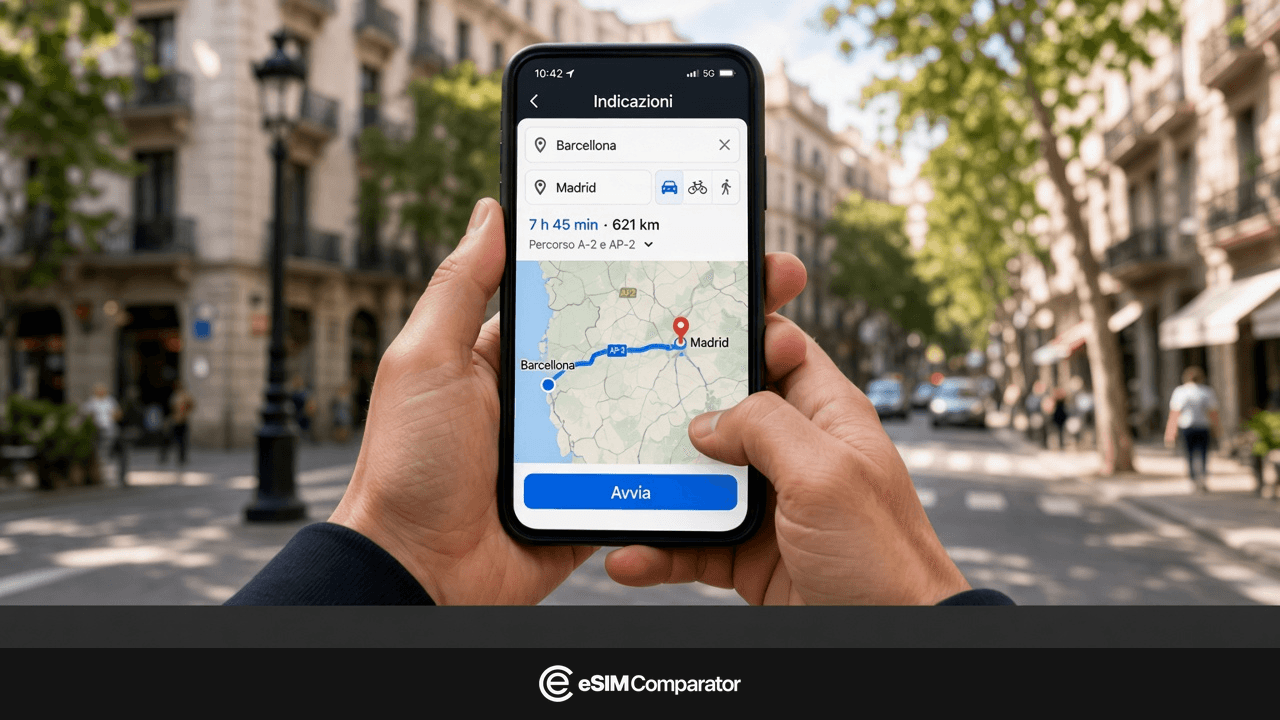Due mani tengono un telefono aperto su un itinerario Barcellona–Madrid, barra logo eSIM Comparator