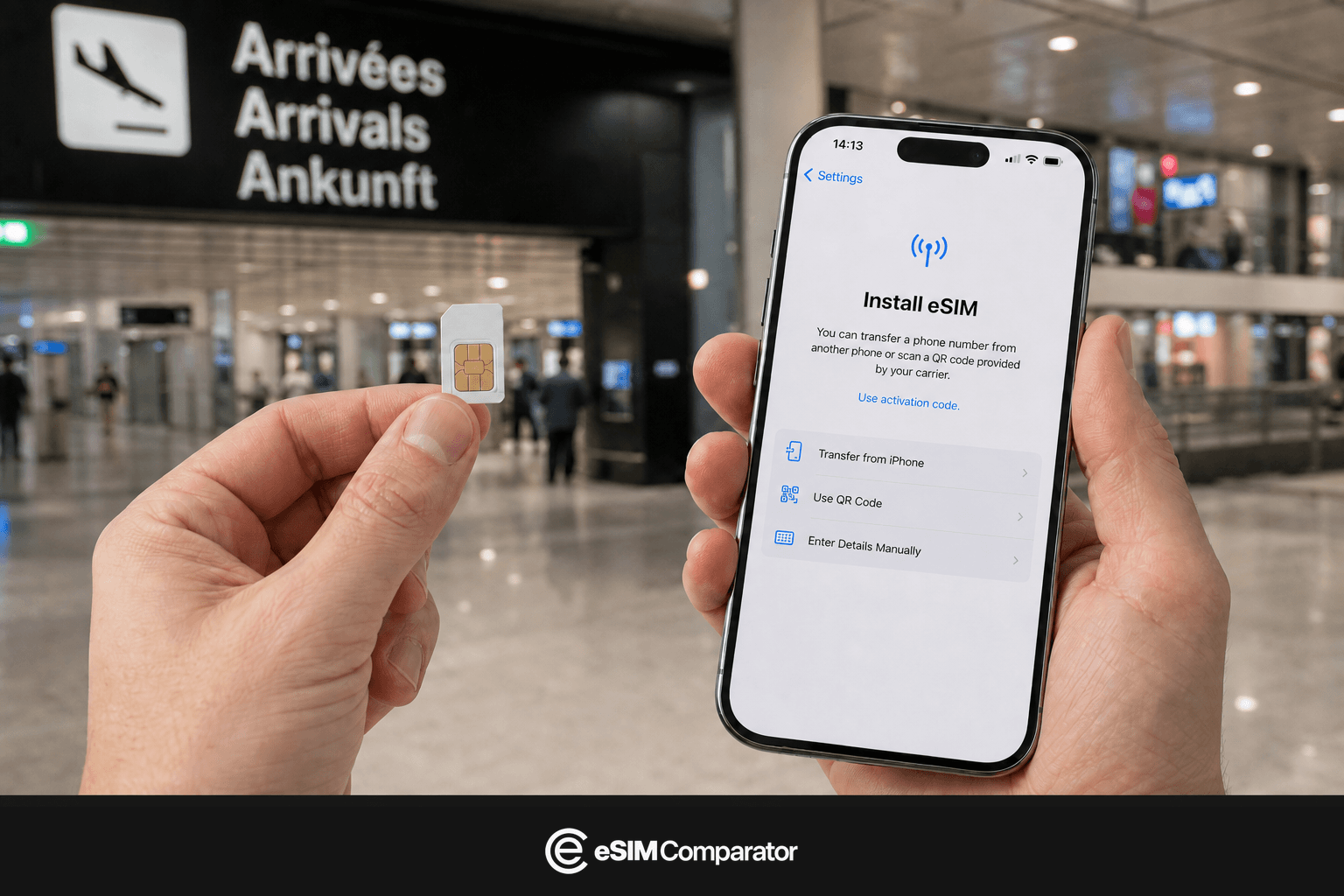 Plastic SIM and eSIM smartphone in a Swiss airport hall, eSIM Comparator logo bar