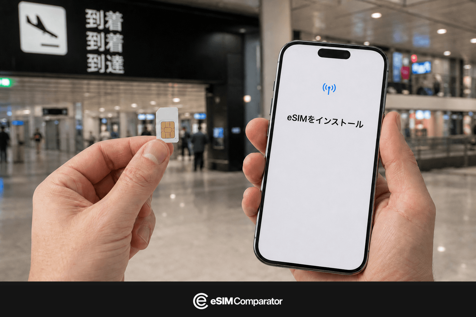 スイスの空港ホールにあるプラスチックSIMとeSIMスマートフォン、eSIM Comparatorのバー