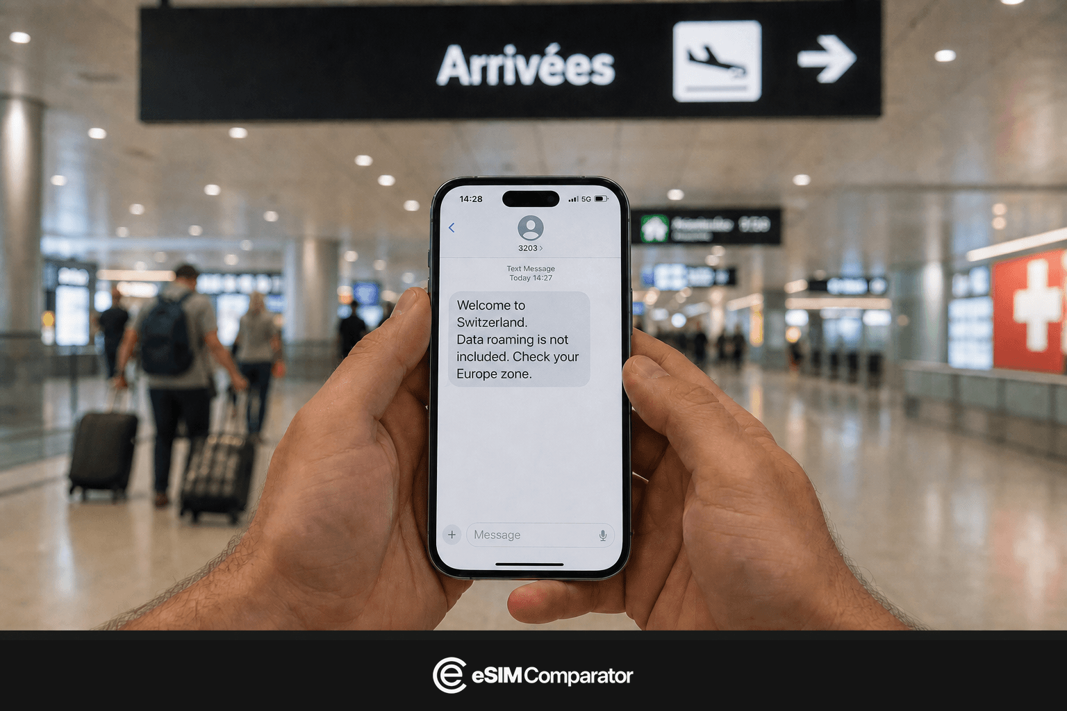 Roaming alert on a smartphone at Switzerland arrivals, eSIM Comparator logo bar