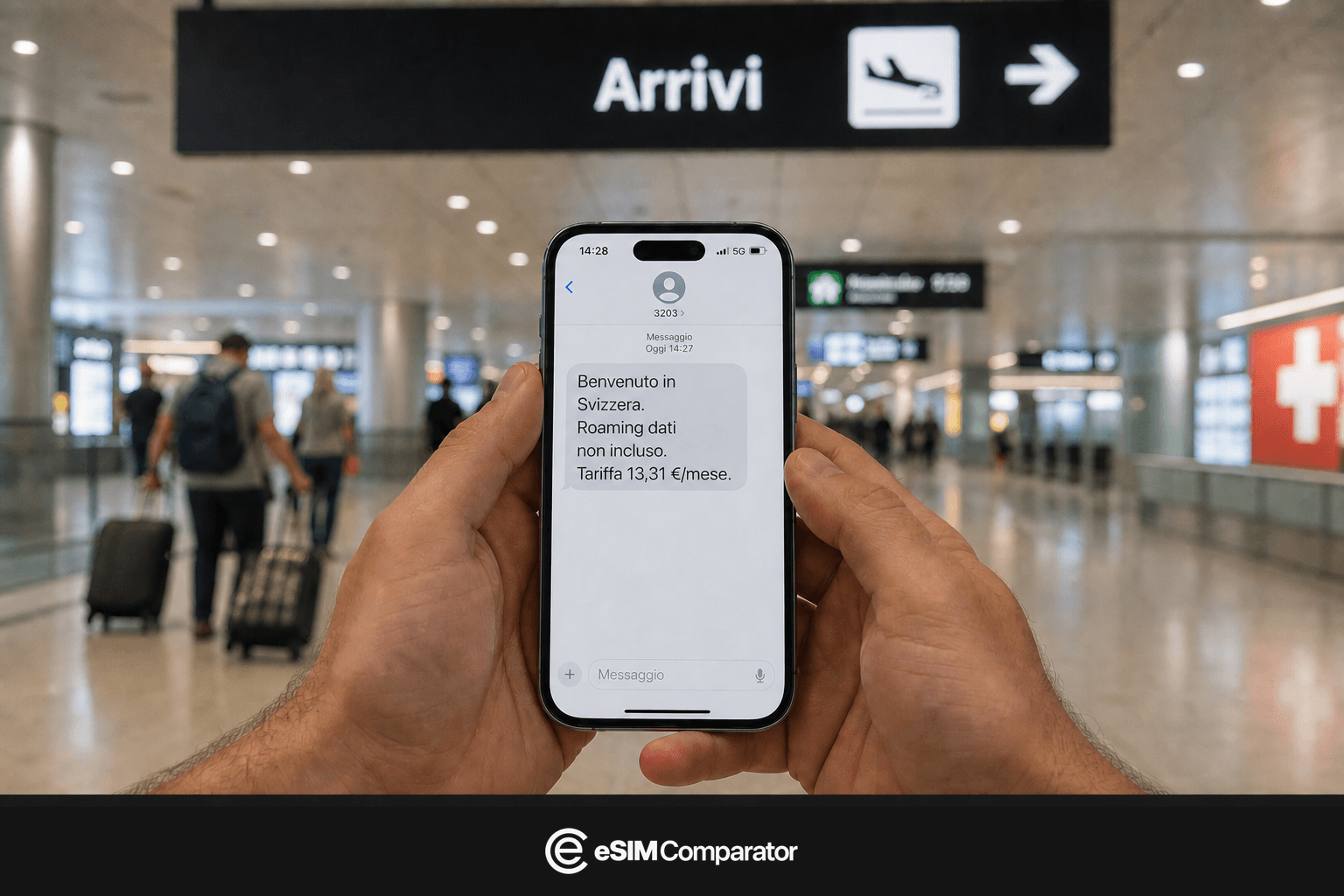 Avviso di roaming su uno smartphone all’arrivo in Svizzera, barra eSIM Comparator