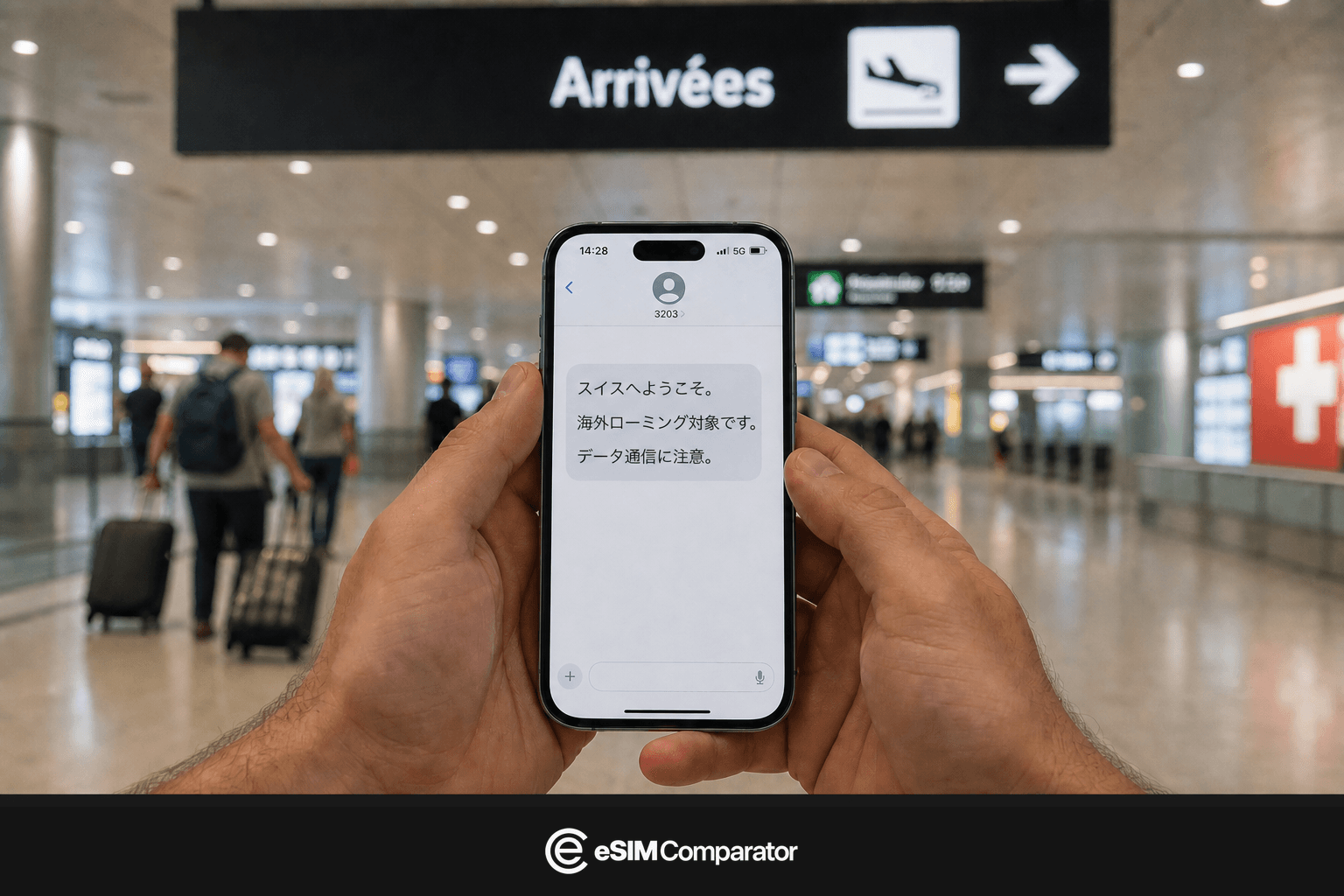 スイス到着で日本回線の海外ローミング警告が出たスマートフォン、eSIM Comparatorのバー