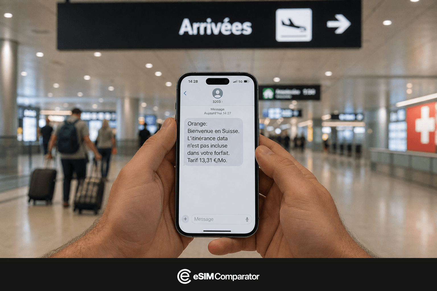 Alerte d’itinérance sur un smartphone à l’arrivée en Suisse, barre logo eSIM Comparator