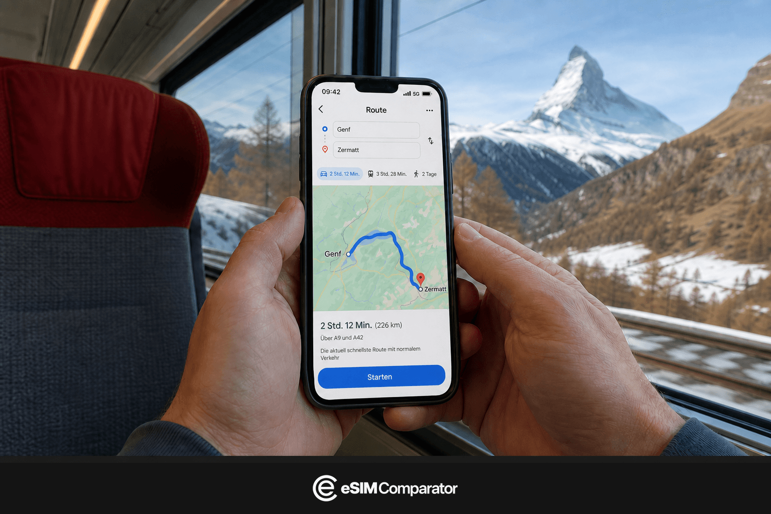 Zwei Hände halten ein Smartphone mit Route Genf–Zermatt, Leiste eSIM Comparator