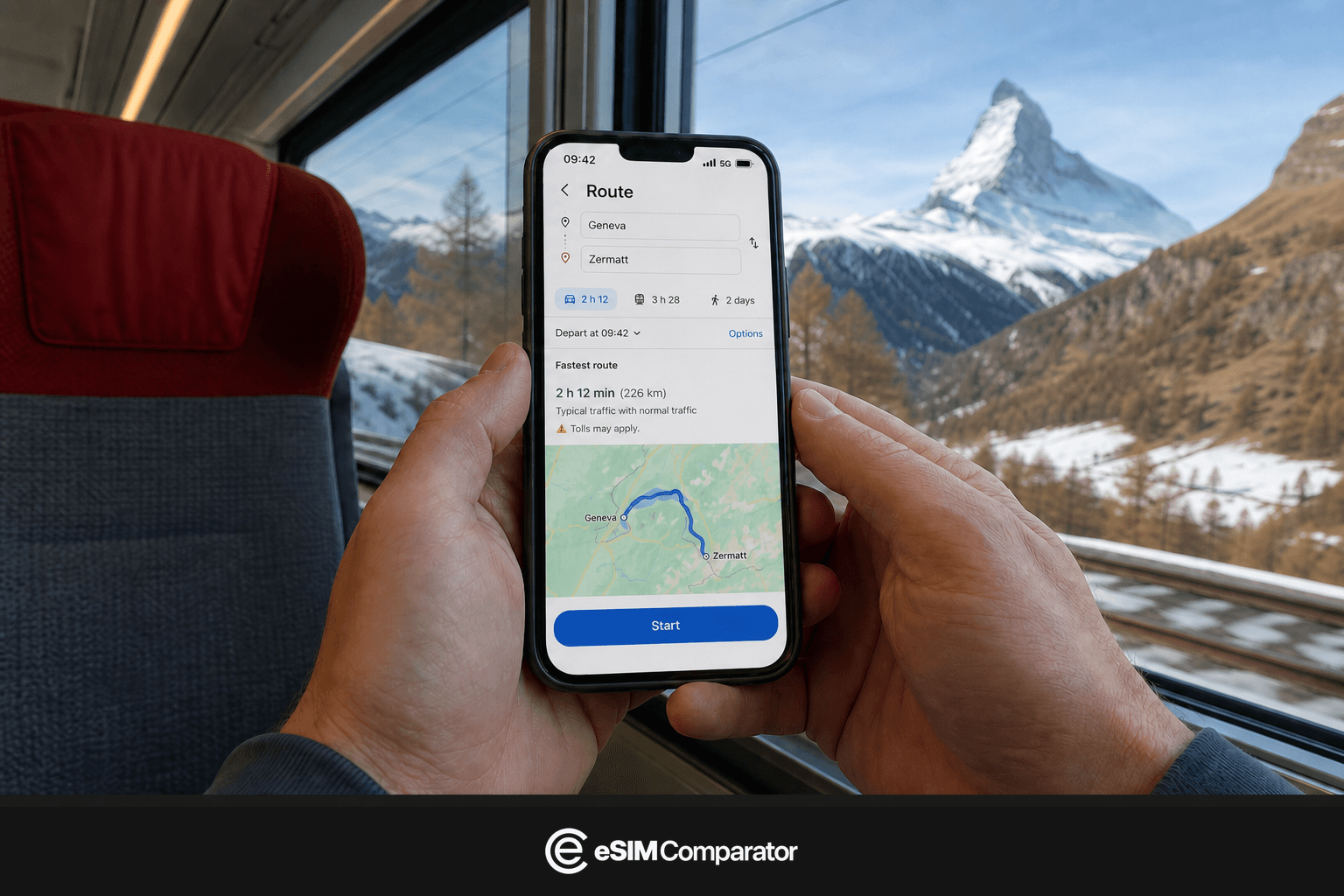 Two hands hold a phone open on a Geneva–Zermatt route, eSIM Comparator logo bar
