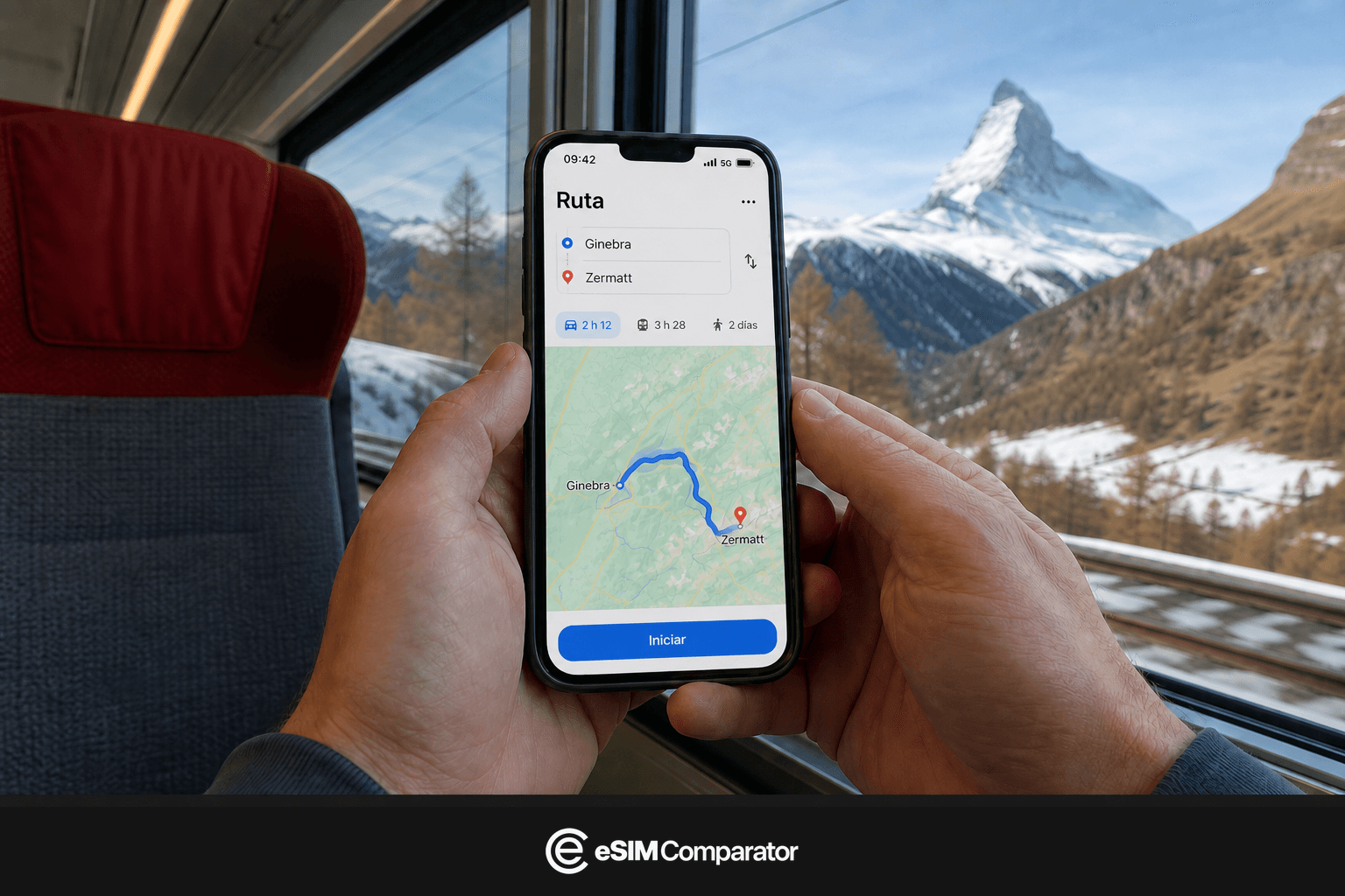 Dos manos sostienen un teléfono abierto en un itinerario Ginebra–Zermatt, barra eSIM Comparator
