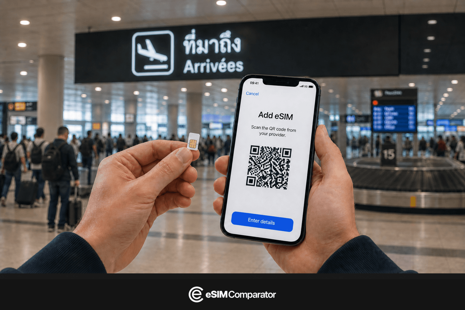 Plastic SIM and eSIM smartphone in a Thailand airport hall, eSIM Comparator logo bar