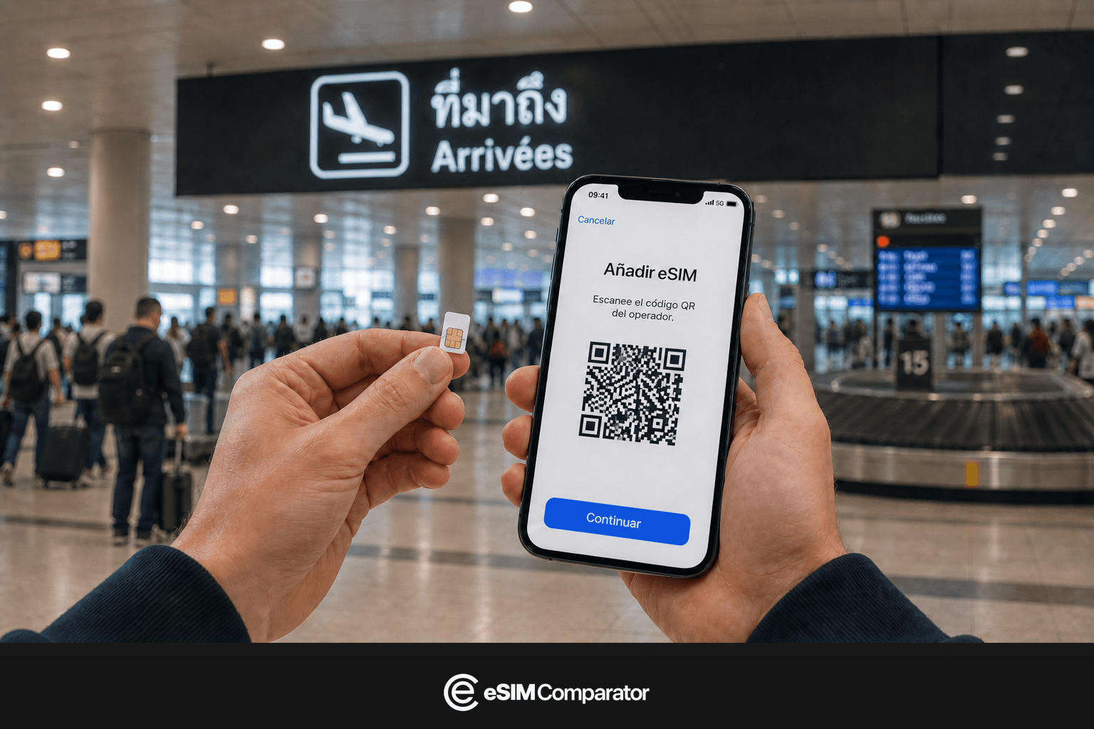 Tarjeta SIM de plástico y smartphone eSIM en un vestíbulo de aeropuerto en Tailandia, barra eSIM Comparator