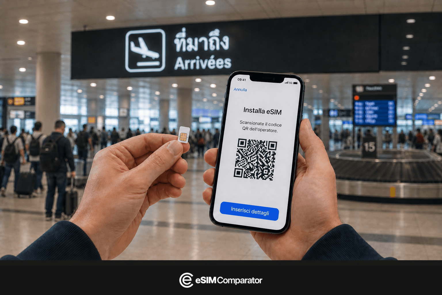 SIM di plastica e smartphone eSIM in un atrio di aeroporto in Thailandia, barra eSIM Comparator