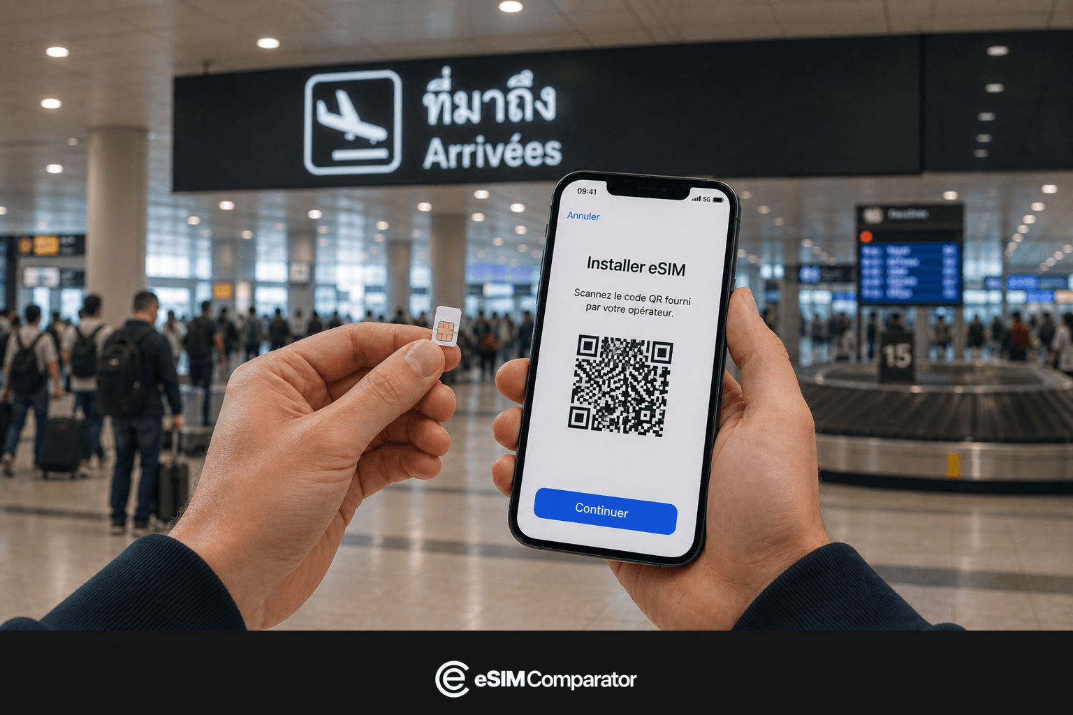 Carte SIM plastique et smartphone eSIM dans un hall d’aéroport en Thaïlande, barre logo eSIM Comparator