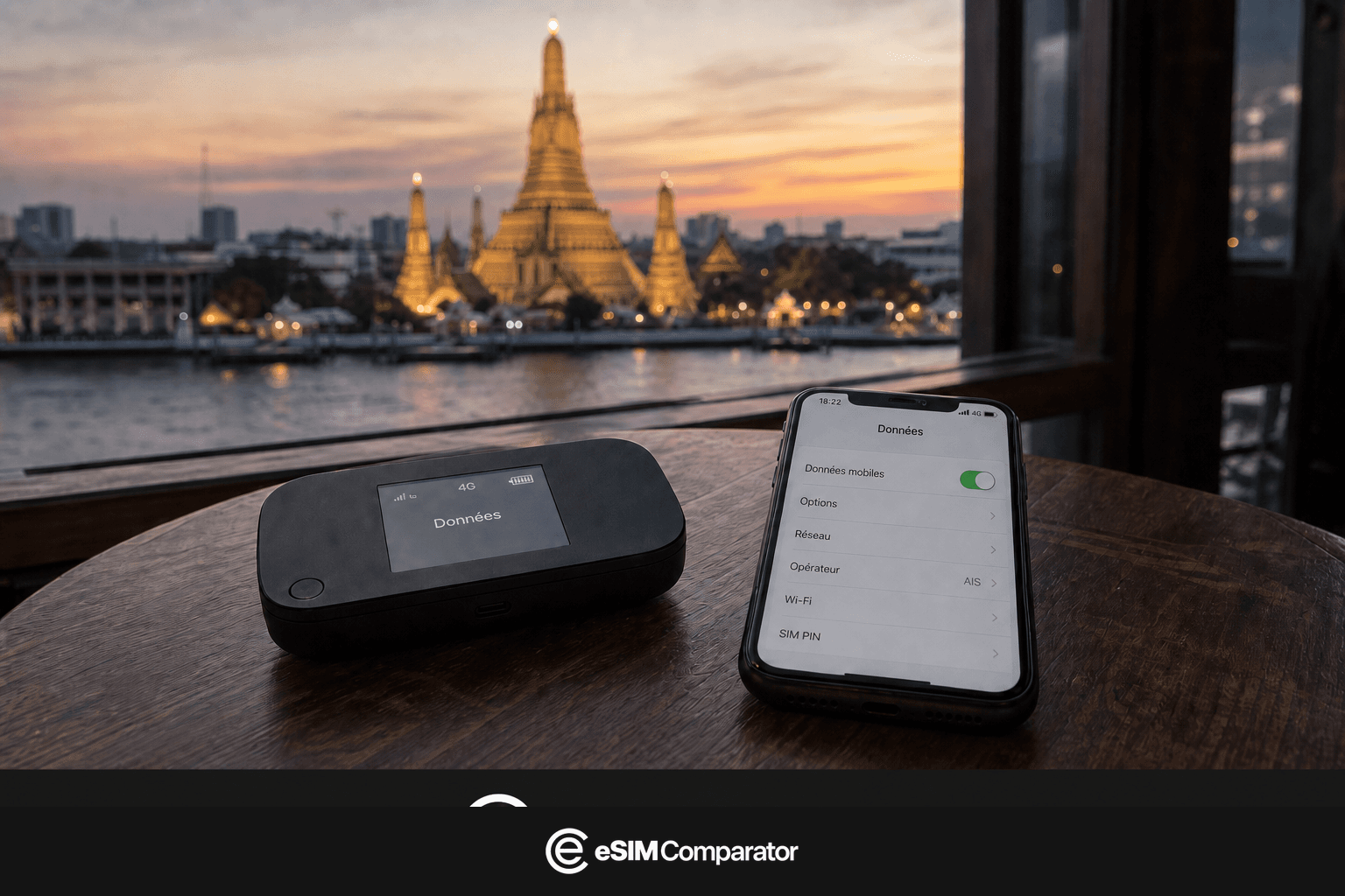 Pocket WiFi router and smartphone on a table facing a Thai temple, eSIM Comparator logo bar