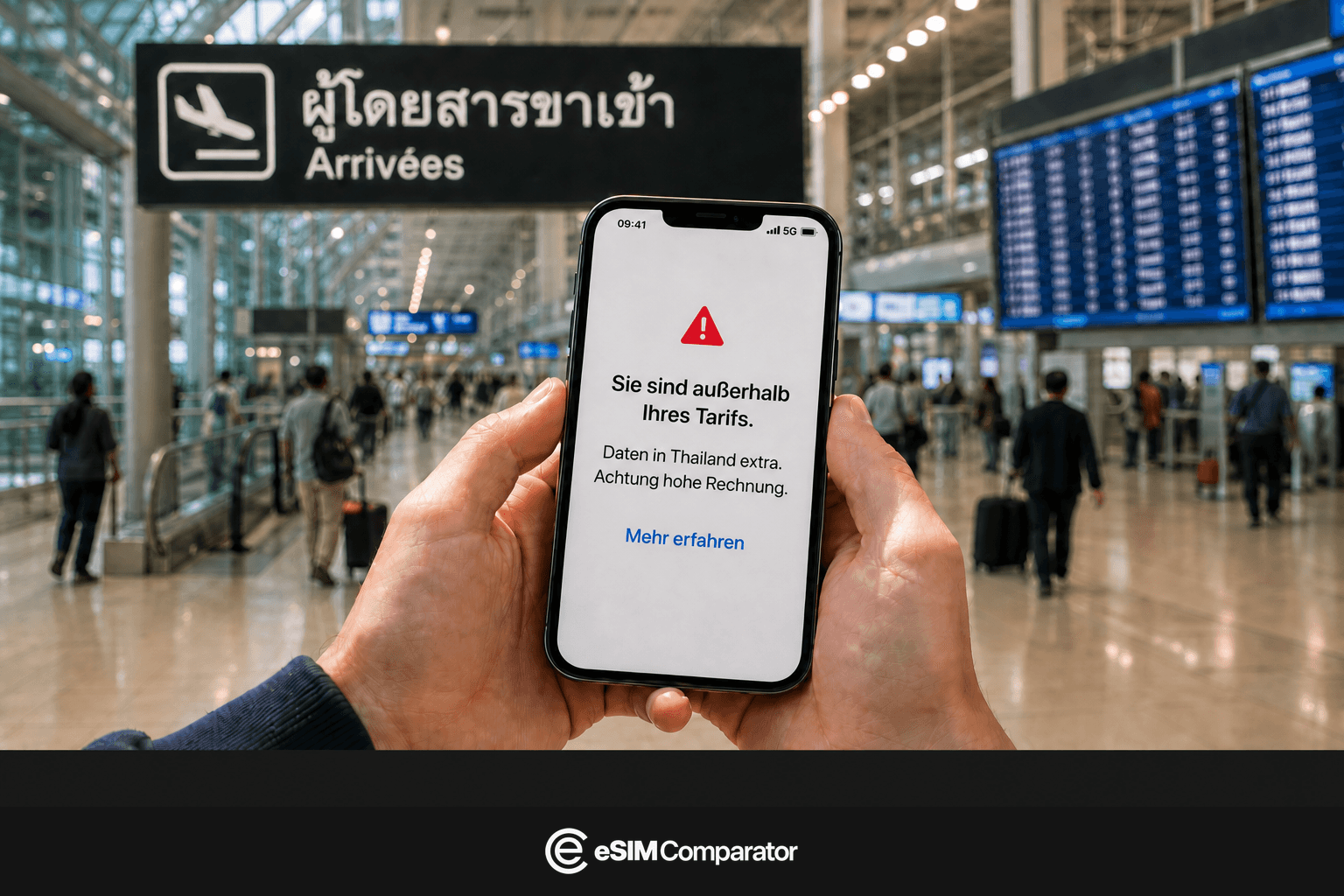 Roaming-Warnung extra-EU auf einem Smartphone bei der Ankunft in Thailand, Leiste eSIMComparator