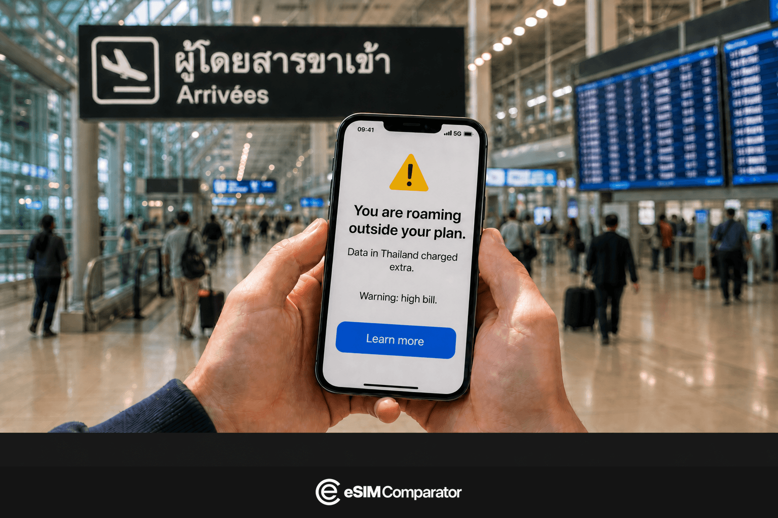 Roaming bill warning on a smartphone at Thailand arrivals, eSIM Comparator logo bar