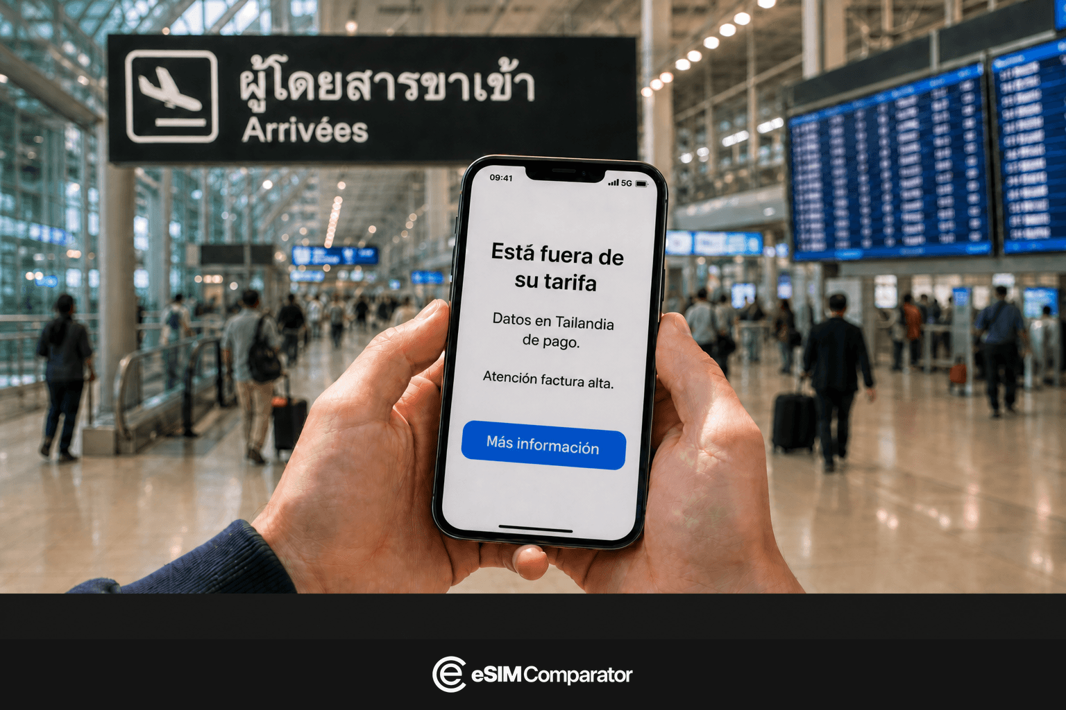 Aviso de roaming fuera de la UE en un smartphone al llegar a Tailandia, barra eSIM Comparator