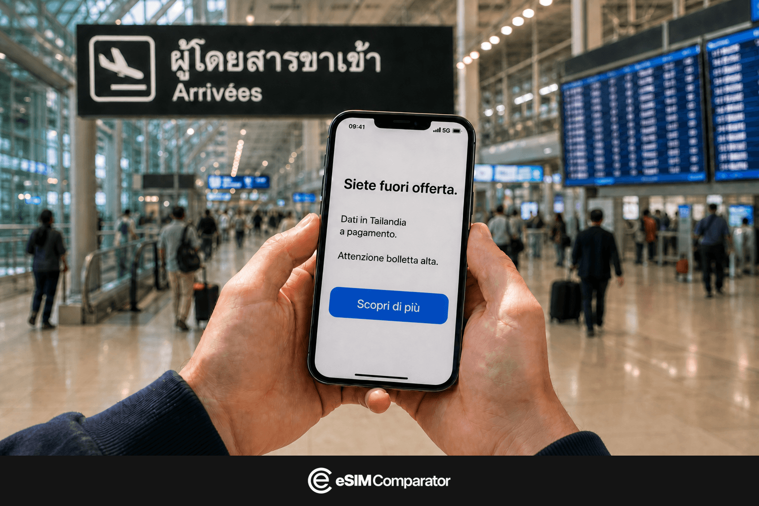 Avviso di roaming extra-UE su uno smartphone all’arrivo in Thailandia, barra eSIM Comparator