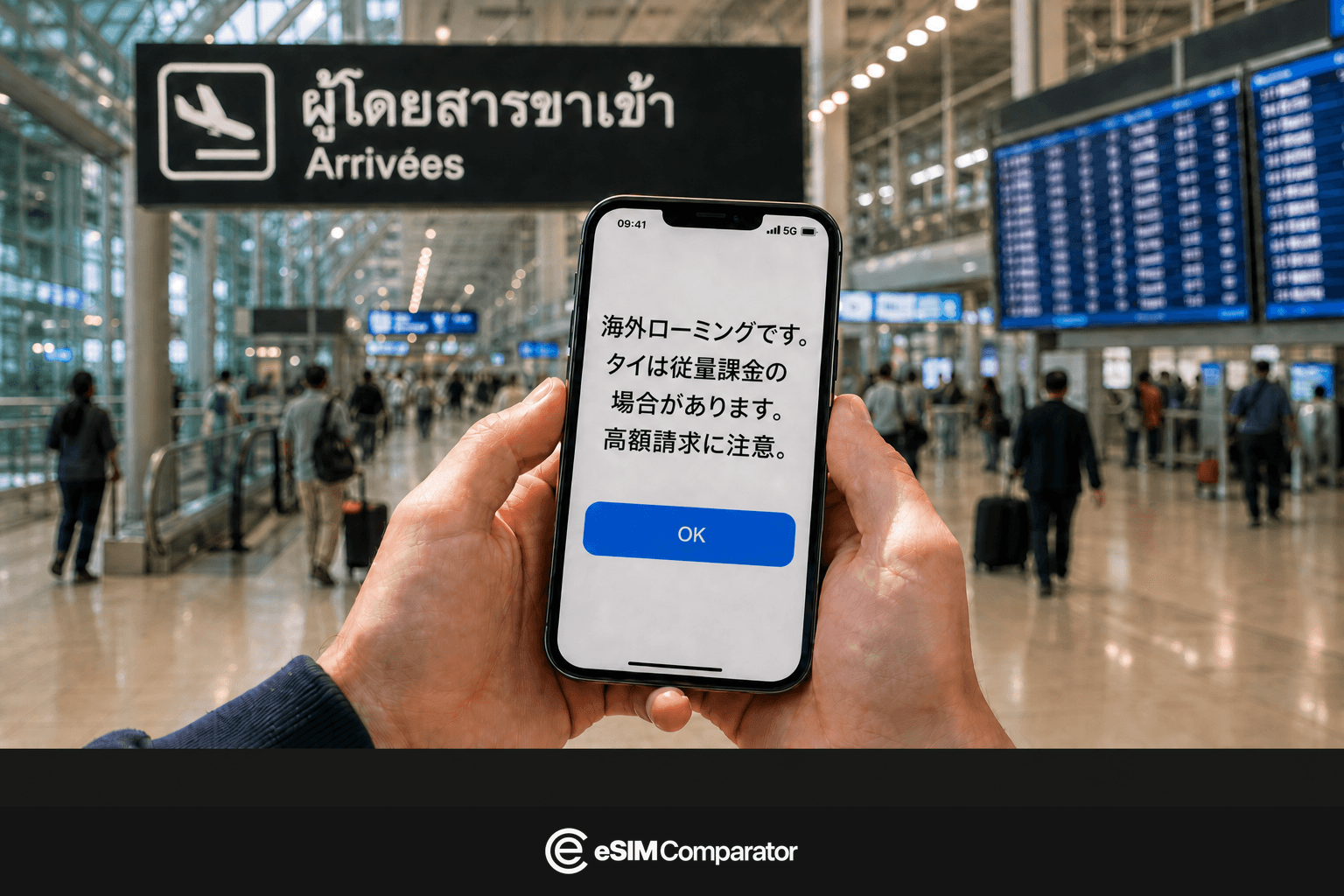 タイ到着で日本回線の海外ローミング警告が出たスマートフォン、eSIMComparatorのバー