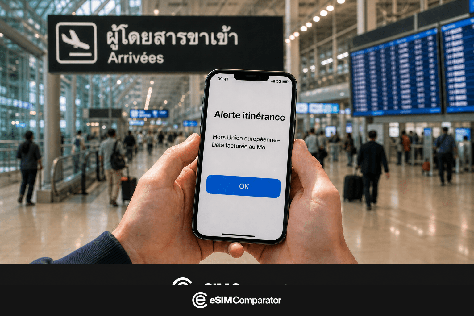 Alerte d’itinérance extra-UE sur un smartphone à l’arrivée en Thaïlande, barre logo eSIM Comparator