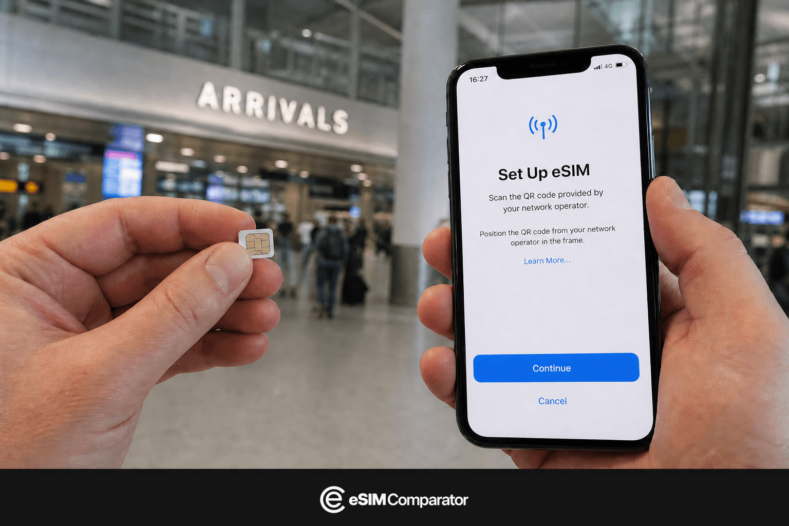 Plastic SIM and eSIM smartphone in a United Kingdom airport hall, eSIM Comparator logo bar