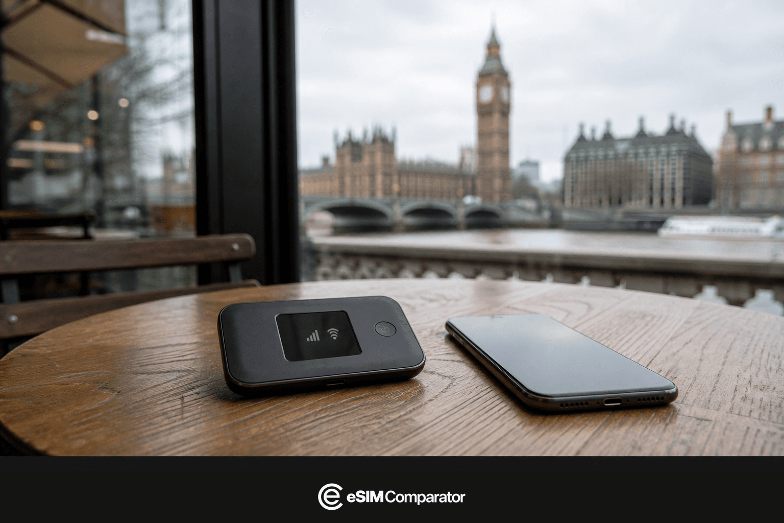 Routeur Pocket WiFi et smartphone sur une table face à Big Ben, barre logo eSIM Comparator