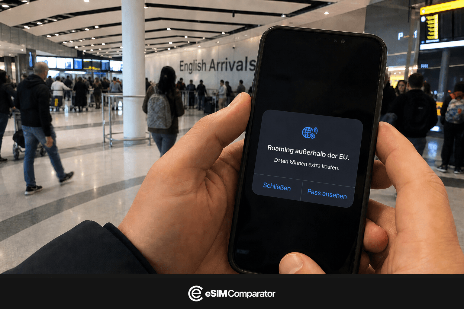 Roaming-Warnung auf einem Smartphone bei der Ankunft im Vereinigten Königreich, Leiste eSIM Comparator