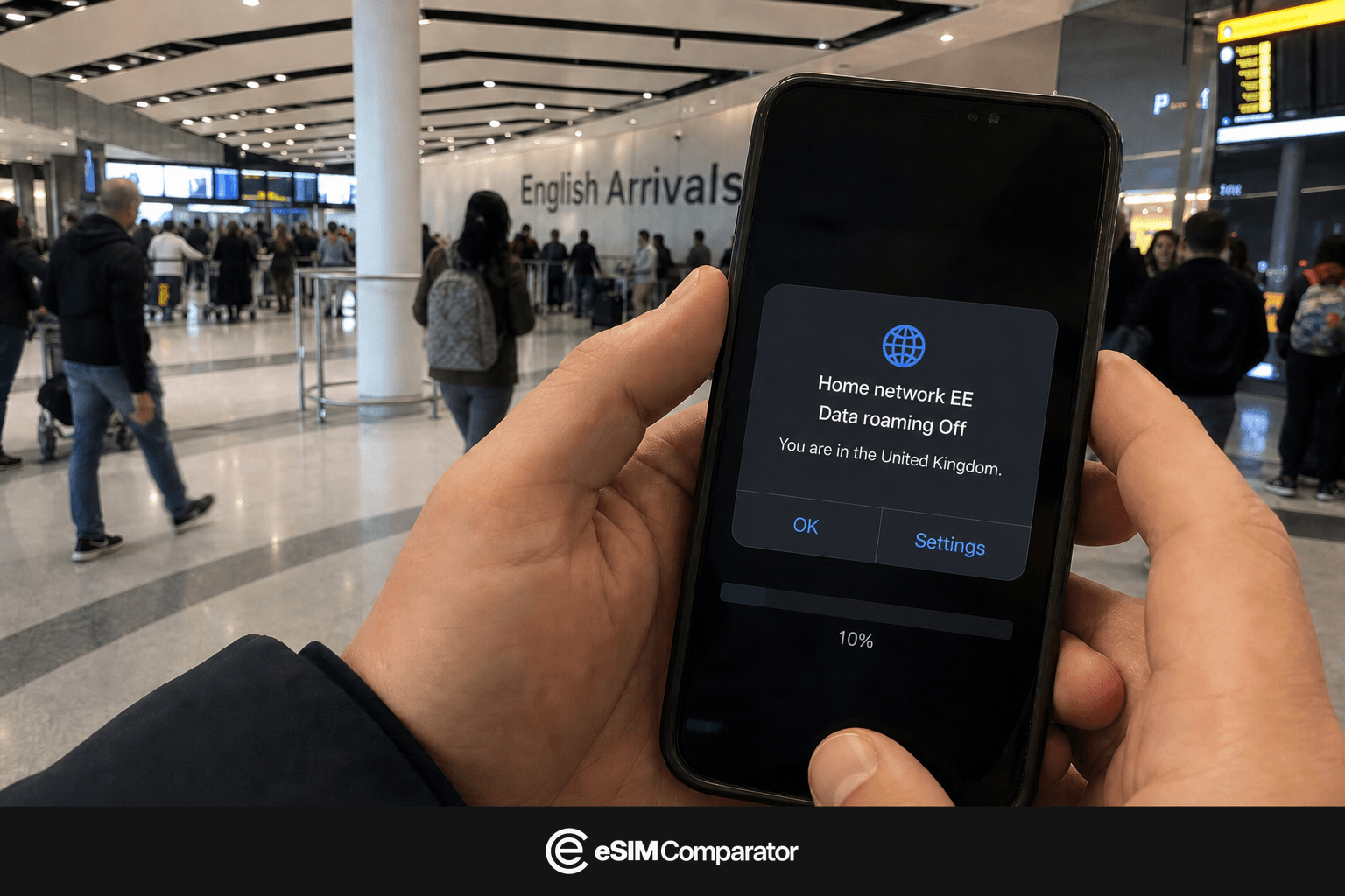 Roaming bill warning on a smartphone at United Kingdom arrivals, eSIM Comparator logo bar