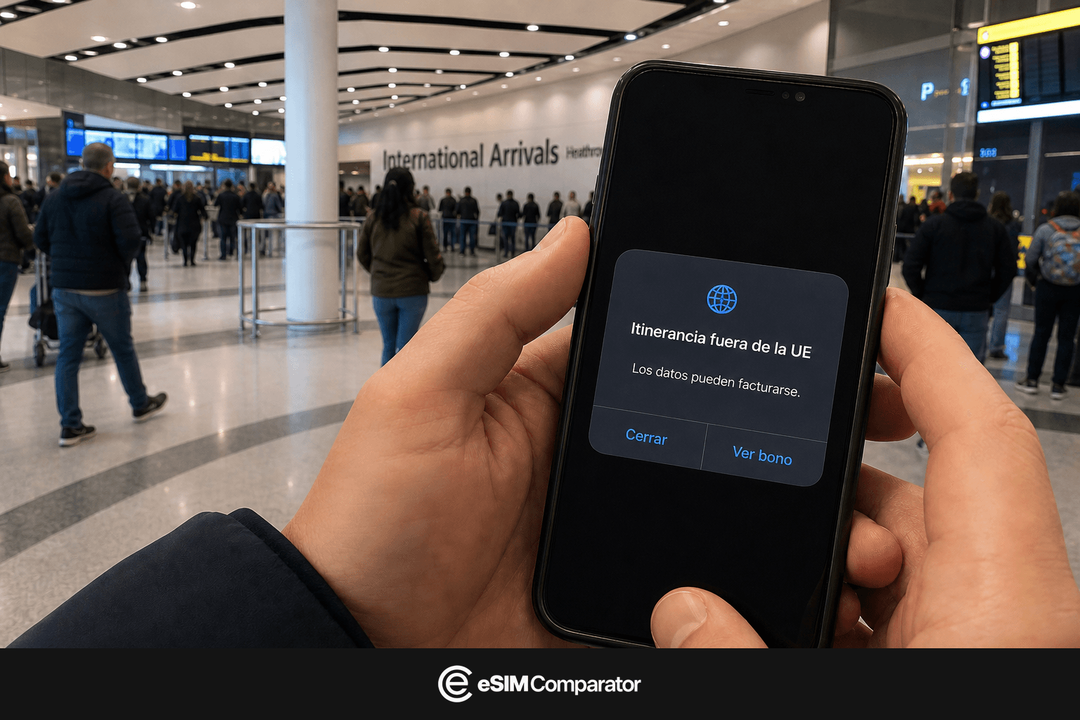 Aviso de roaming fuera de la UE en un smartphone al llegar al Reino Unido, barra eSIM Comparator