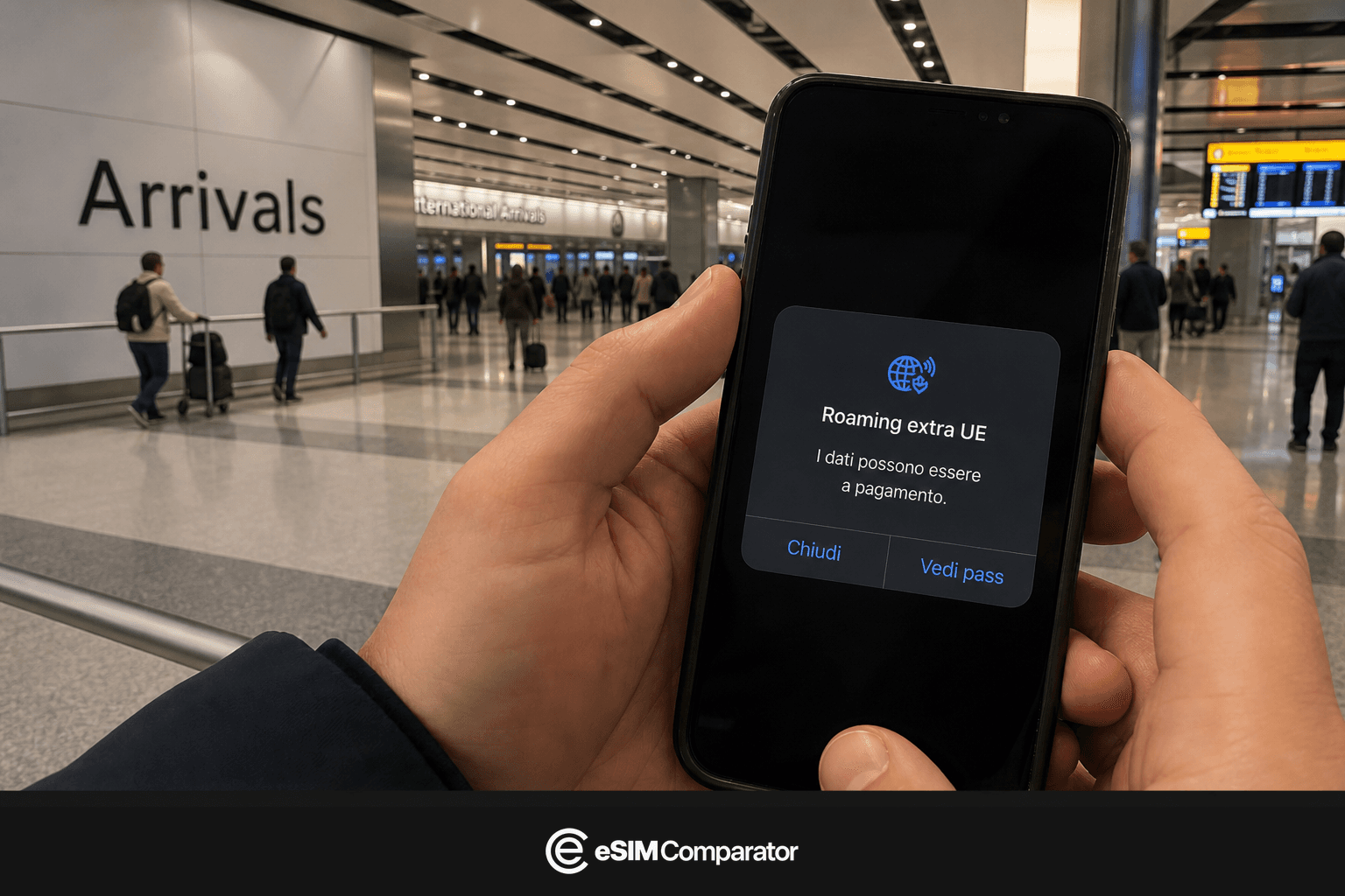 Avviso di roaming extra-UE su uno smartphone all’arrivo nel Regno Unito, barra eSIM Comparator