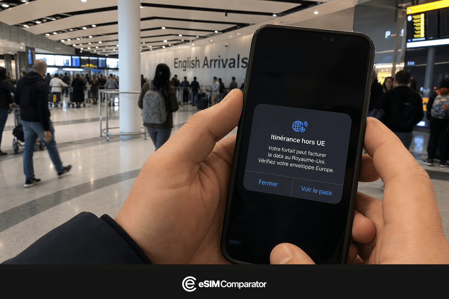 Alerte d’itinérance hors UE sur un smartphone à l’arrivée au Royaume-Uni, barre logo eSIM Comparator