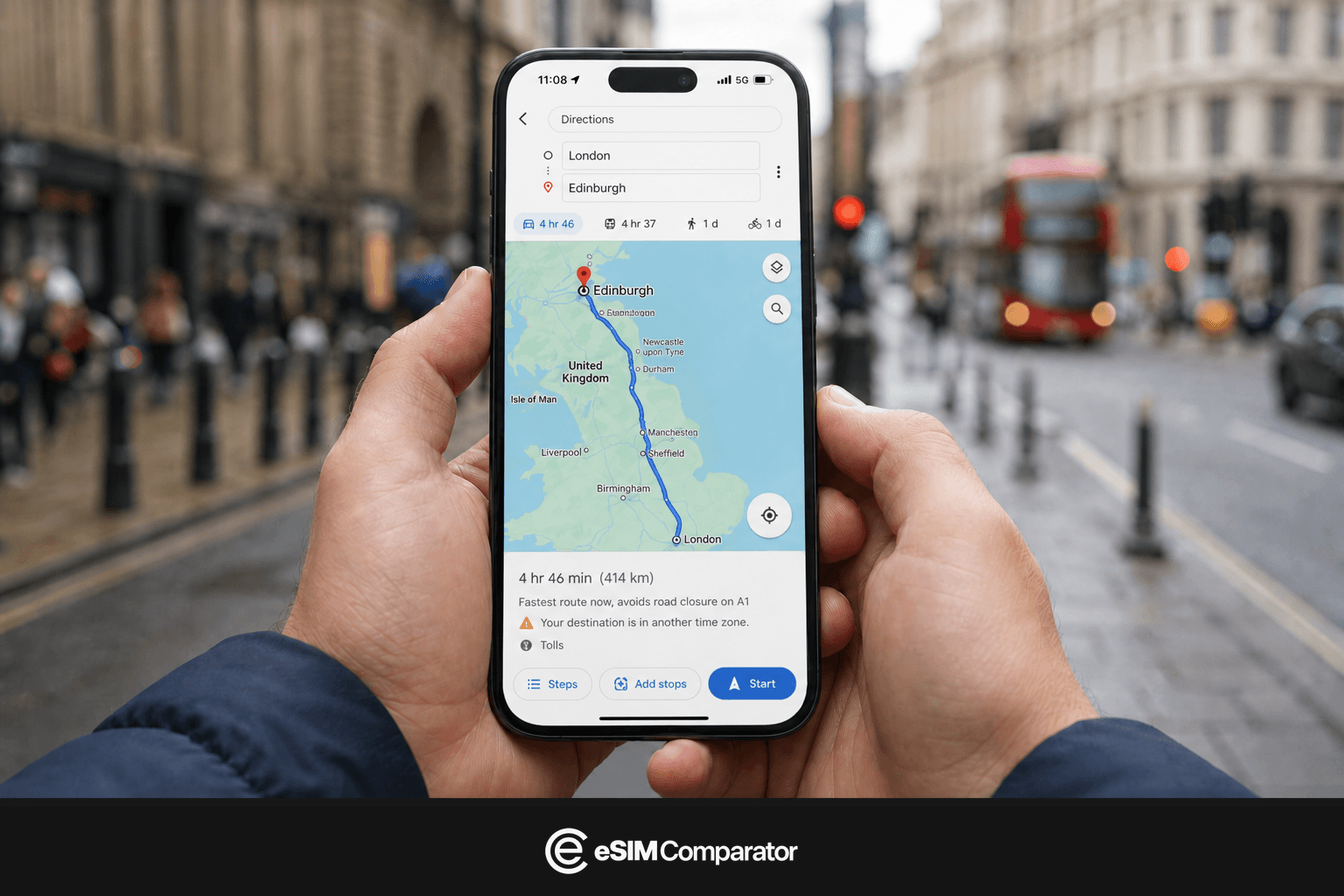 Two hands hold a phone open on a London–Edinburgh route, eSIM Comparator logo bar
