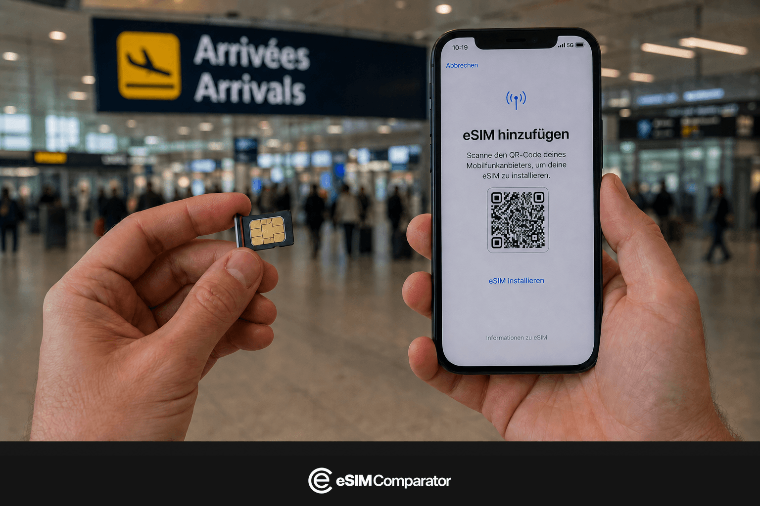Plastik-SIM und eSIM-Smartphone in einer Flughafenhalle in den USA, Leiste eSIM Comparator