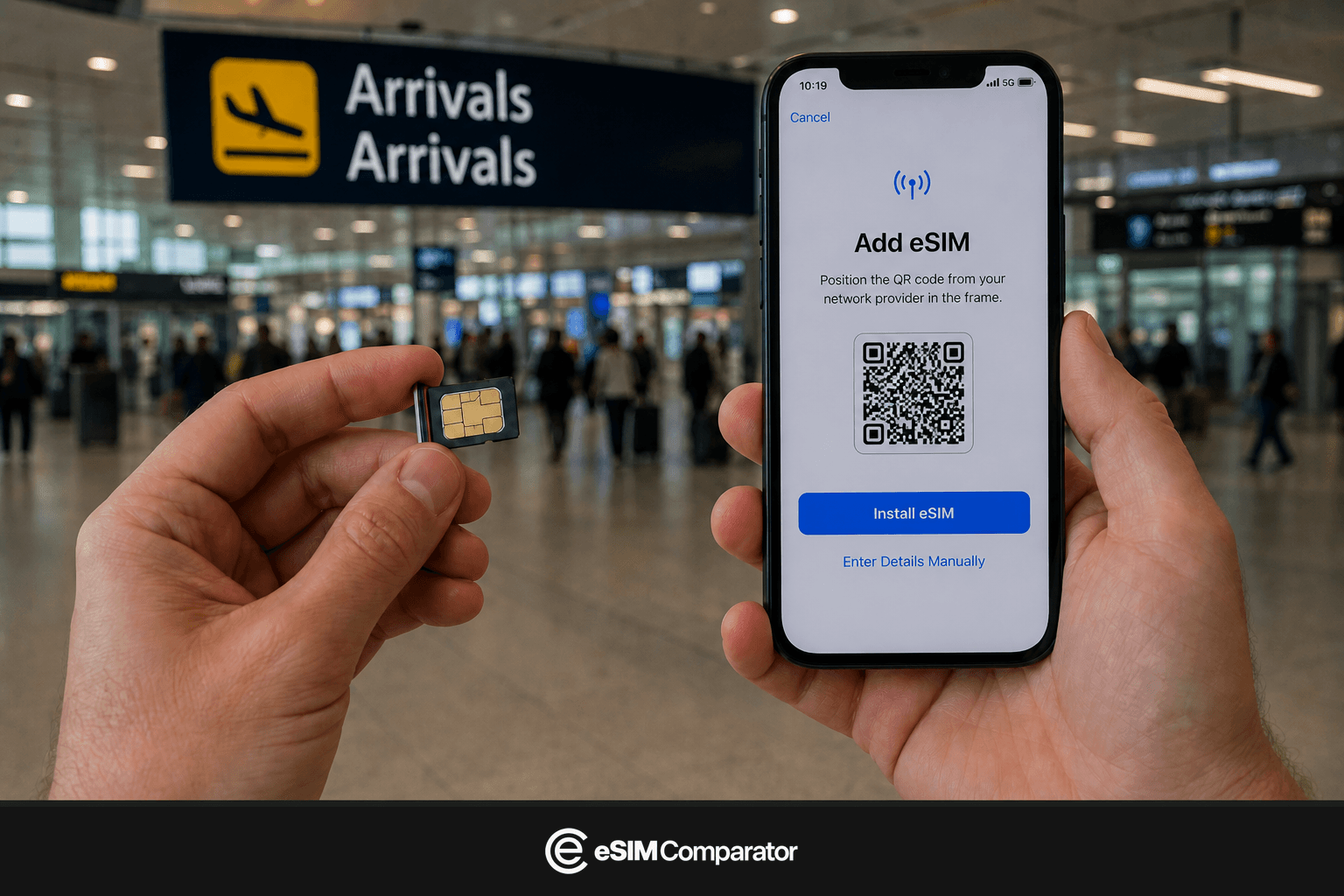 Plastic SIM and eSIM smartphone in a United States airport hall, eSIM Comparator logo bar