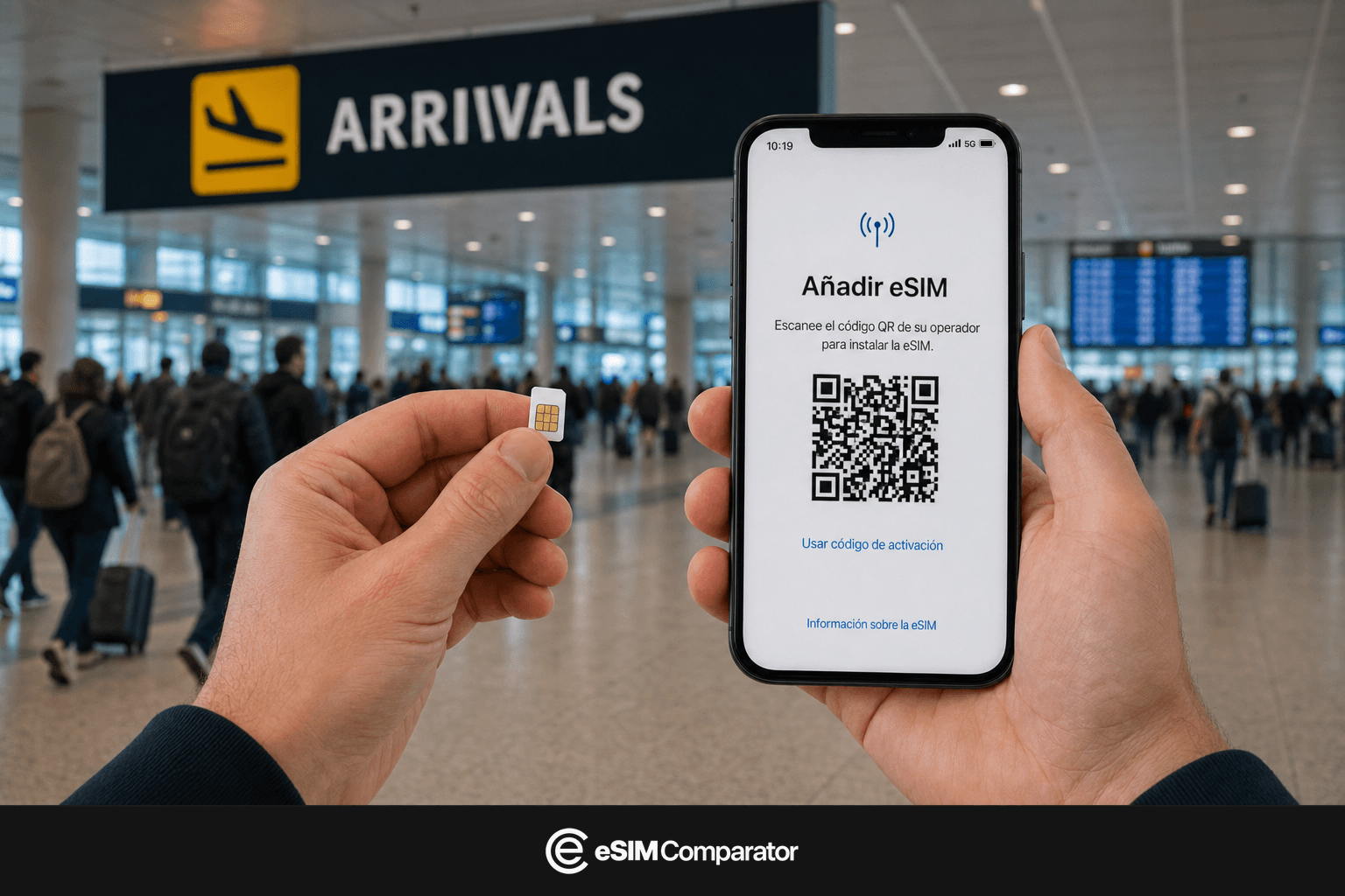 Tarjeta SIM de plástico y smartphone eSIM en un vestíbulo de aeropuerto en Estados Unidos, barra eSIM Comparator