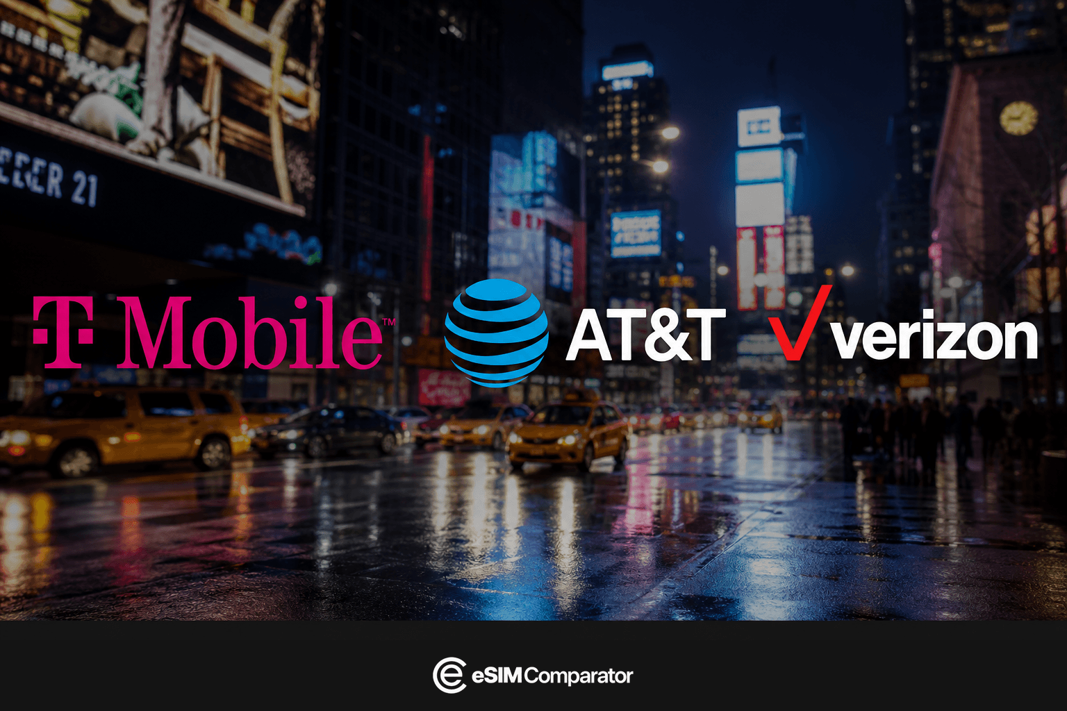 T-Mobile, AT&T and Verizon logos on a New York street at night, eSIM Comparator bar