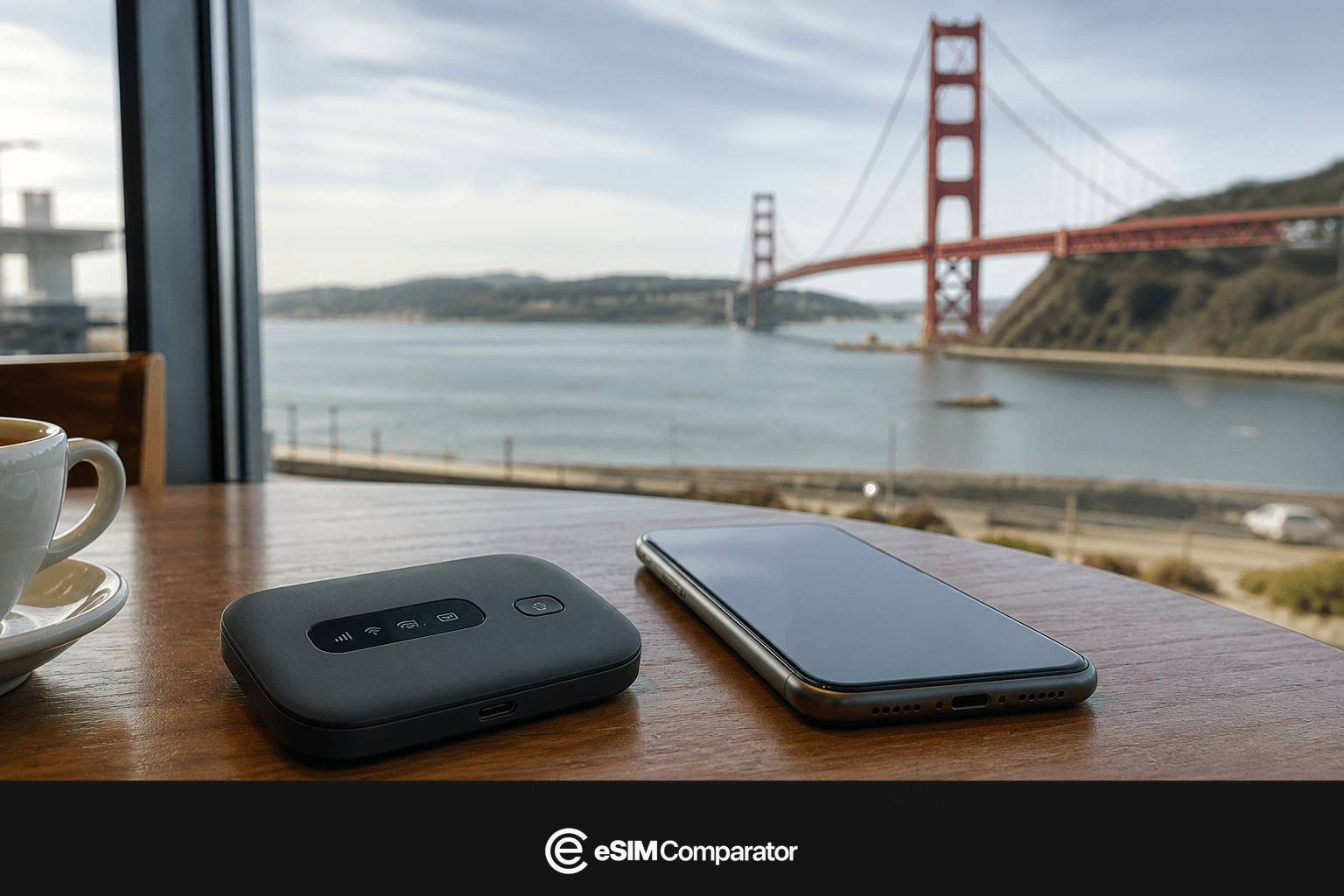 Pocket WiFi router and smartphone in front of the Golden Gate Bridge, eSIM Comparator logo bar