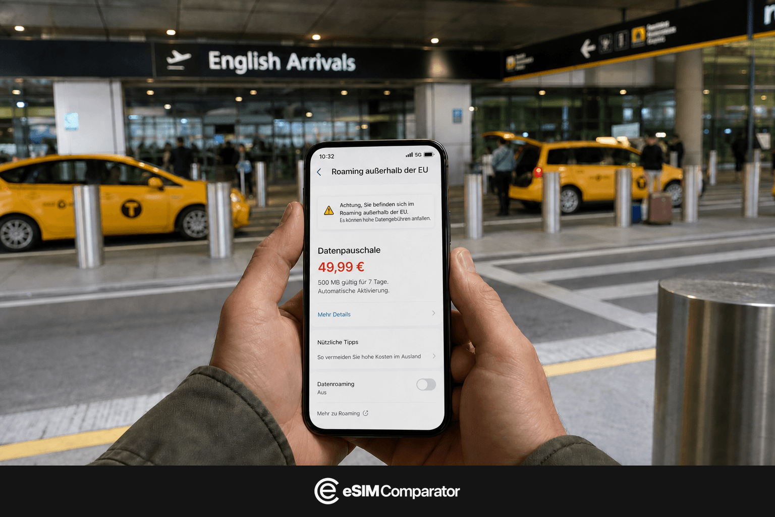Roaming-Warnung extra-EU auf einem Smartphone bei der Ankunft in den USA, Leiste eSIM Comparator