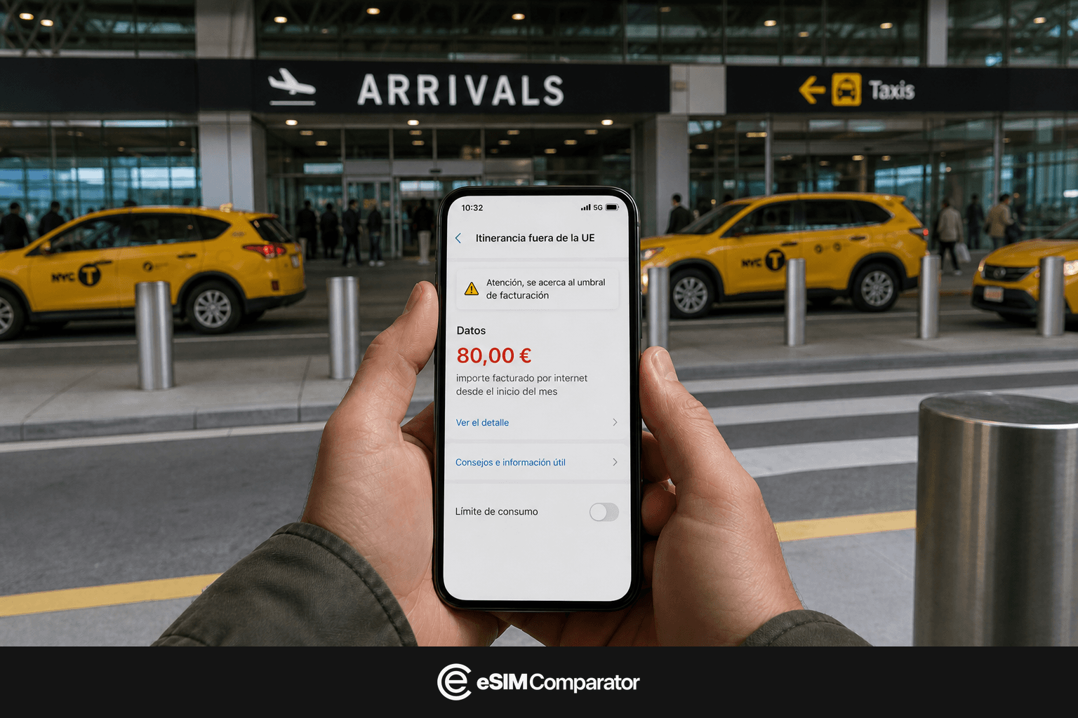 Aviso de roaming fuera de la UE en un smartphone al llegar a Estados Unidos, barra eSIM Comparator