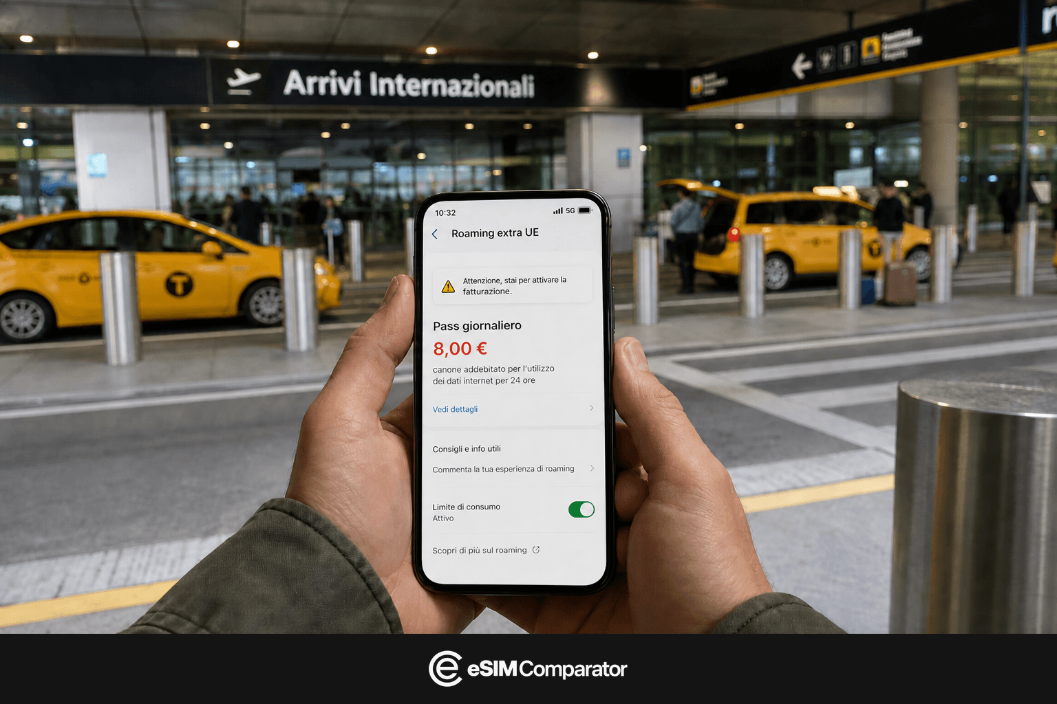 Avviso di roaming extra-UE su uno smartphone all’arrivo negli Stati Uniti, barra eSIM Comparator