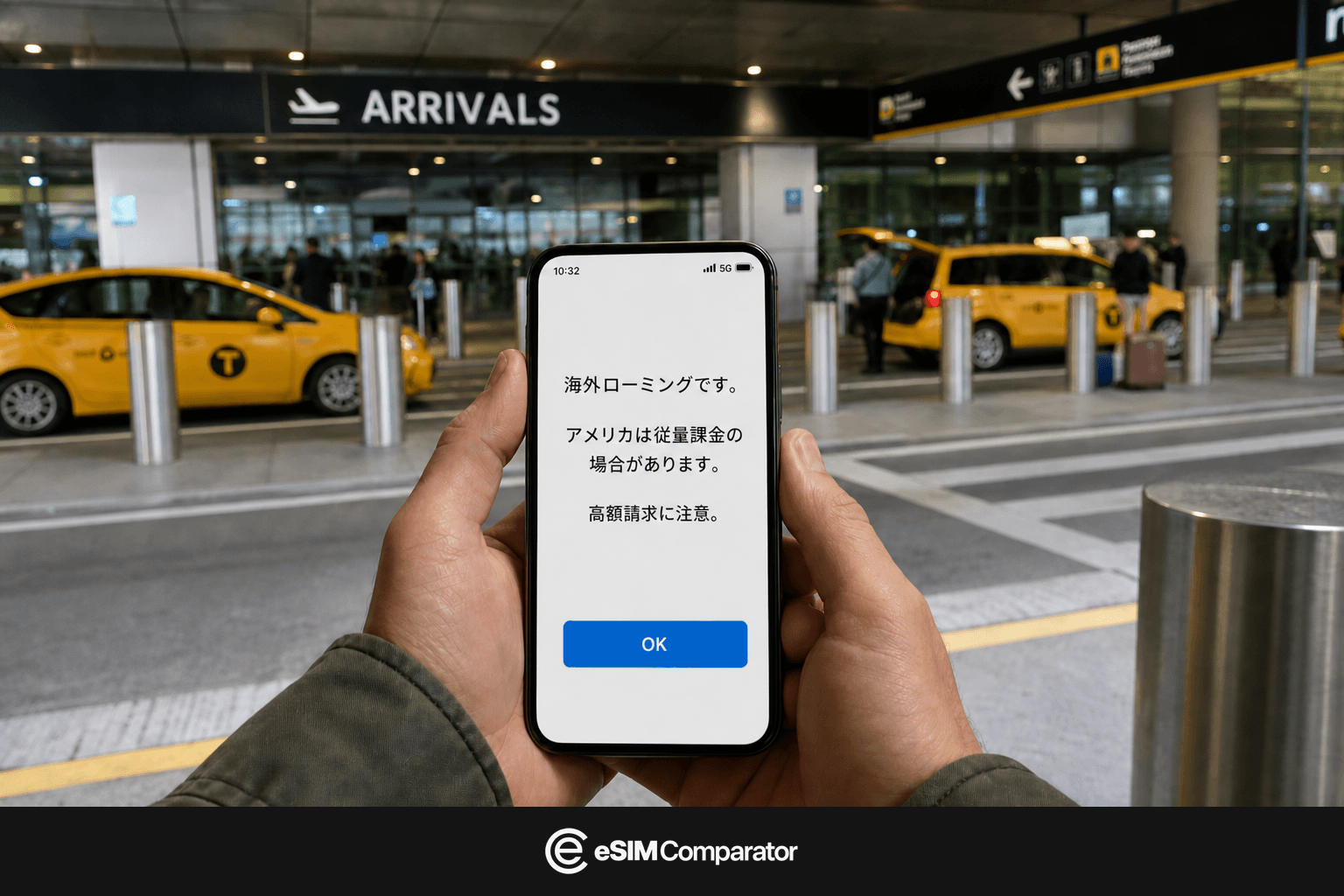 米国到着で日本回線の海外ローミング警告が出たスマートフォン、eSIM Comparatorのバー
