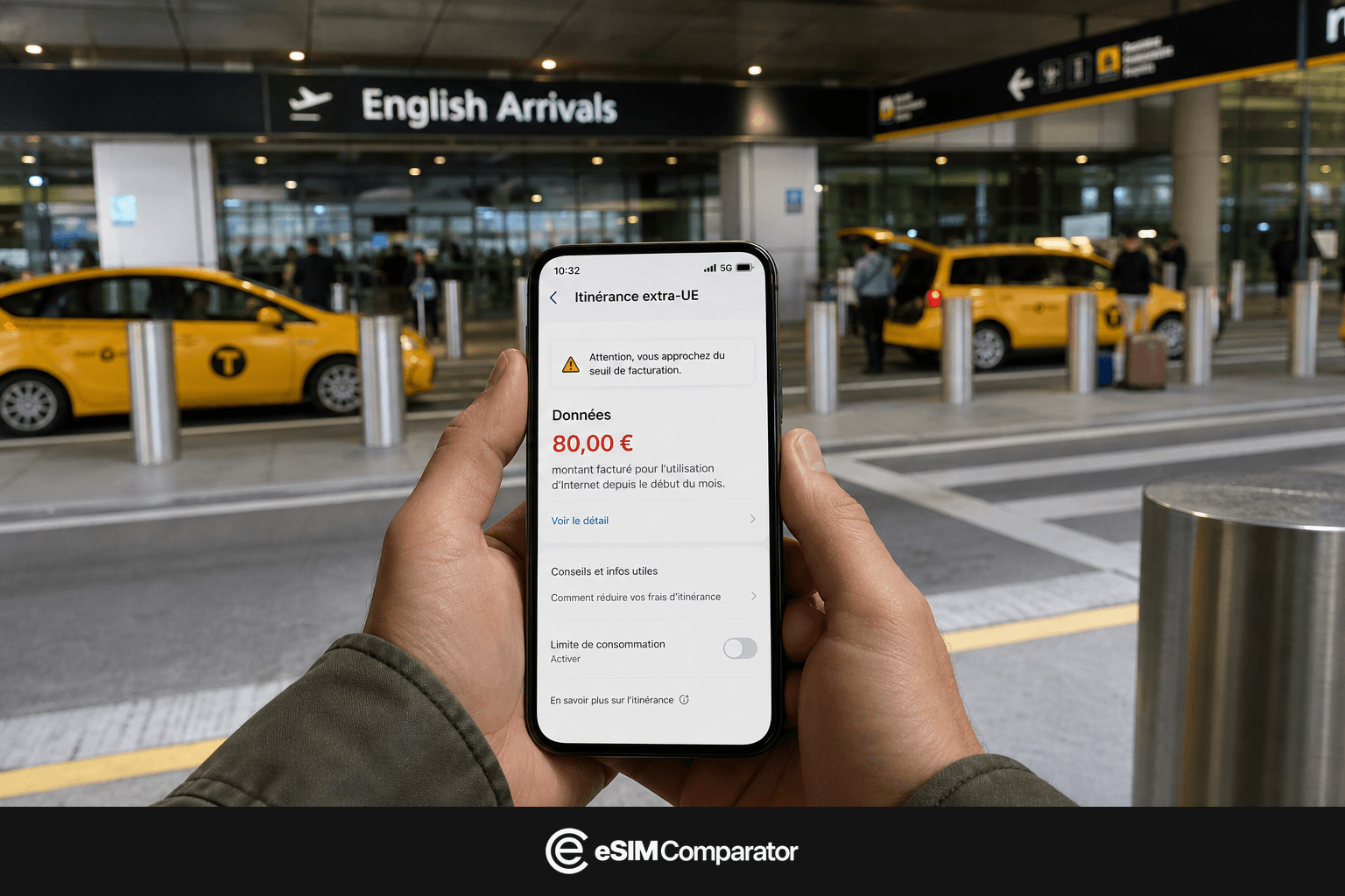 Alerte d’itinérance extra-UE sur un smartphone à l’arrivée aux États-Unis, barre logo eSIM Comparator